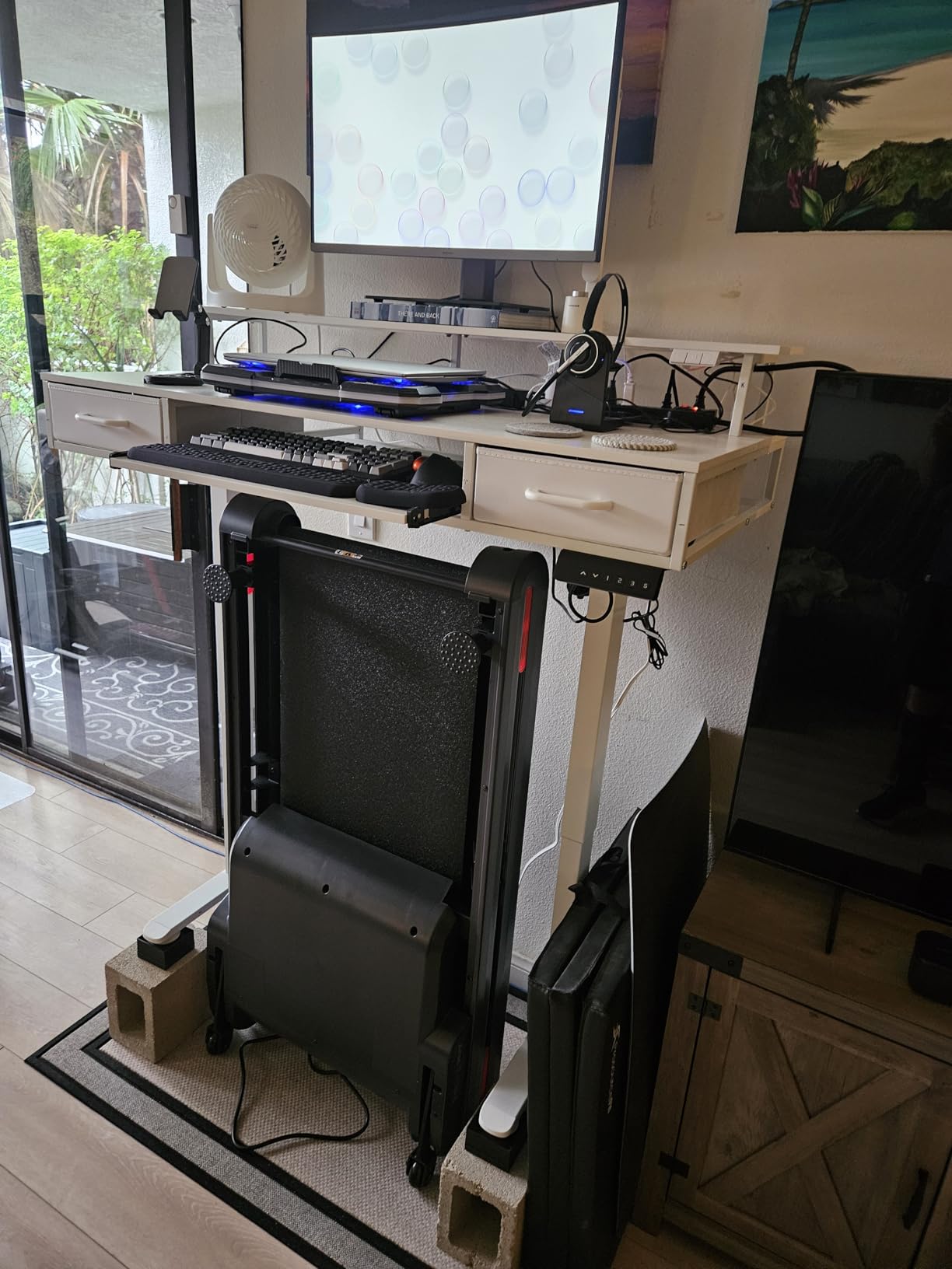 AODK Electric Standing Desk with Drawers & Keyboard Tray, 55 Inch Height Adjustable Gaming Desk with Power Outlets & LED Lights, Sit Stand Table with Monitor Stand for Home, Office, Rustic Brown customer photo 2