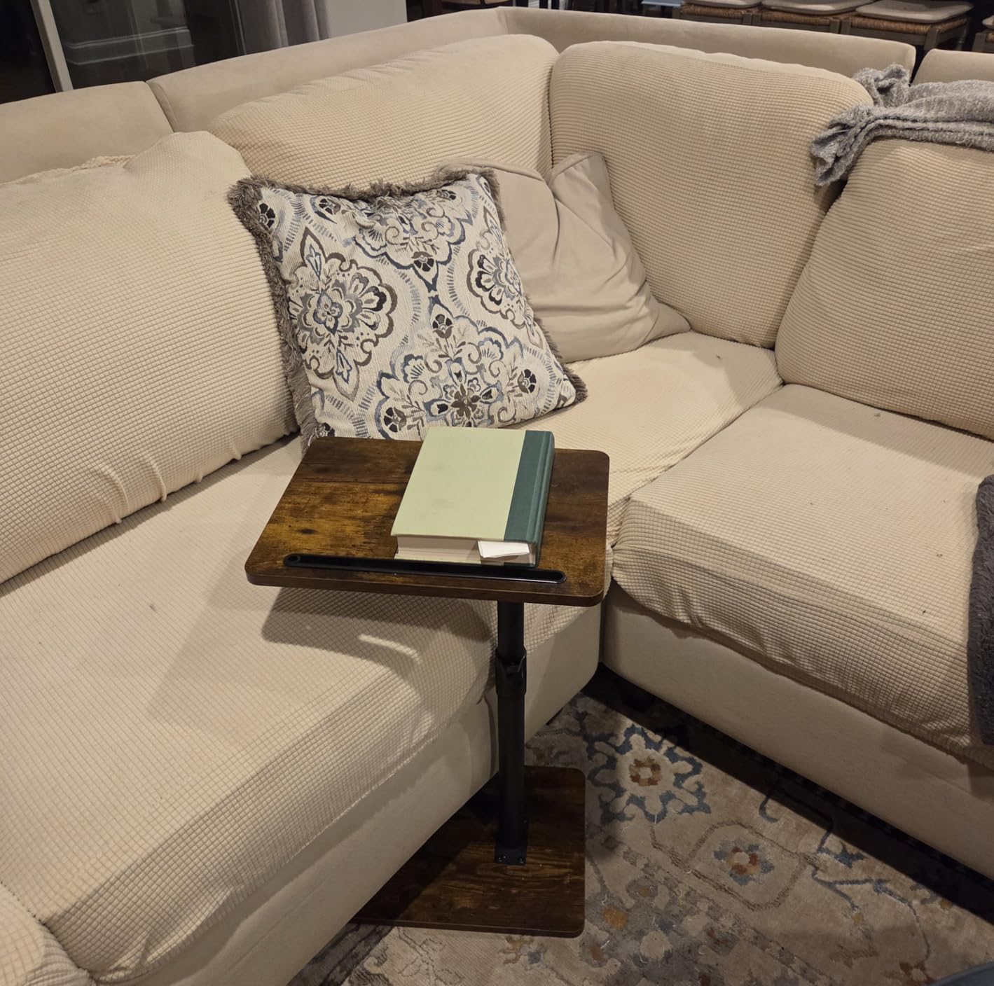 Sofa Armrest Tray Table for Couch - 360° Swivel Height Adjustable End for Small Spaces, Snack Side Table for Bed or Chair with Phone & Tablet Slot customer photo 2