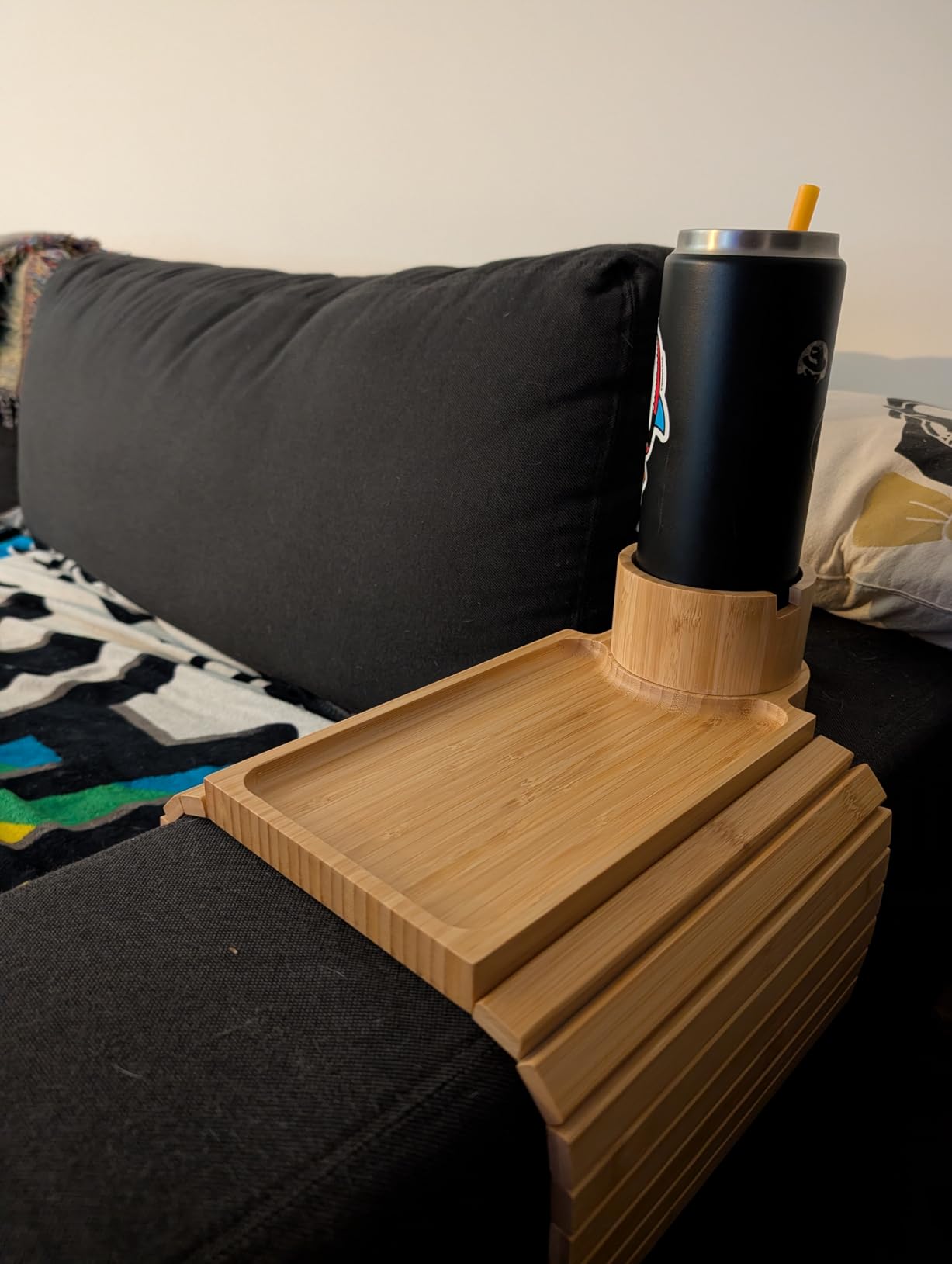Couch Cup Holder Tray, 3 in 1 Couch Arm Trays,Large Bamboo Chair Arm Rest Tray with 360° Cup Holder,Removable Anti-Slip Organizer for Snack Eating customer photo 1