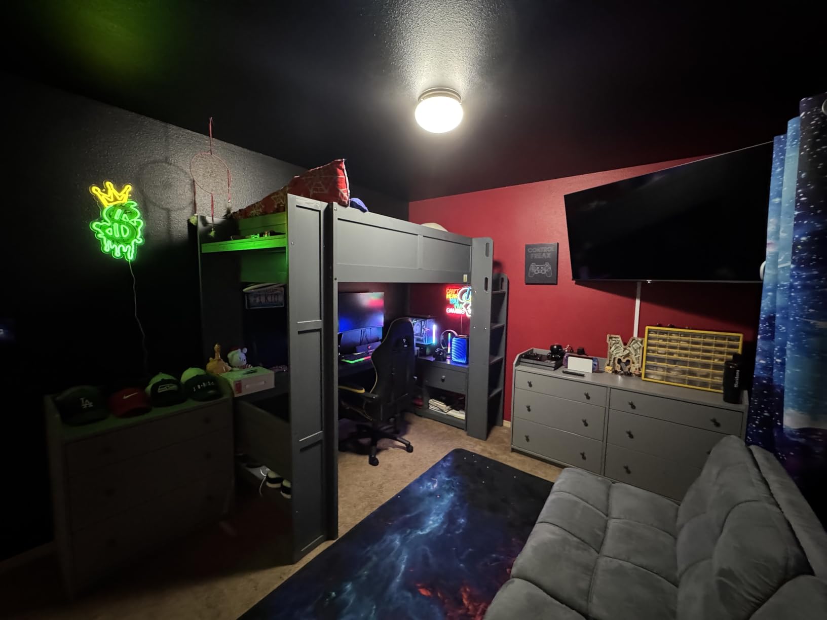 Polibi Twin Size Gaming Loft Bed with Desk, LED and Charging Station, Wood Loft Bed Frame with Multi-Storage Shelves, Dark Gray customer photo 1