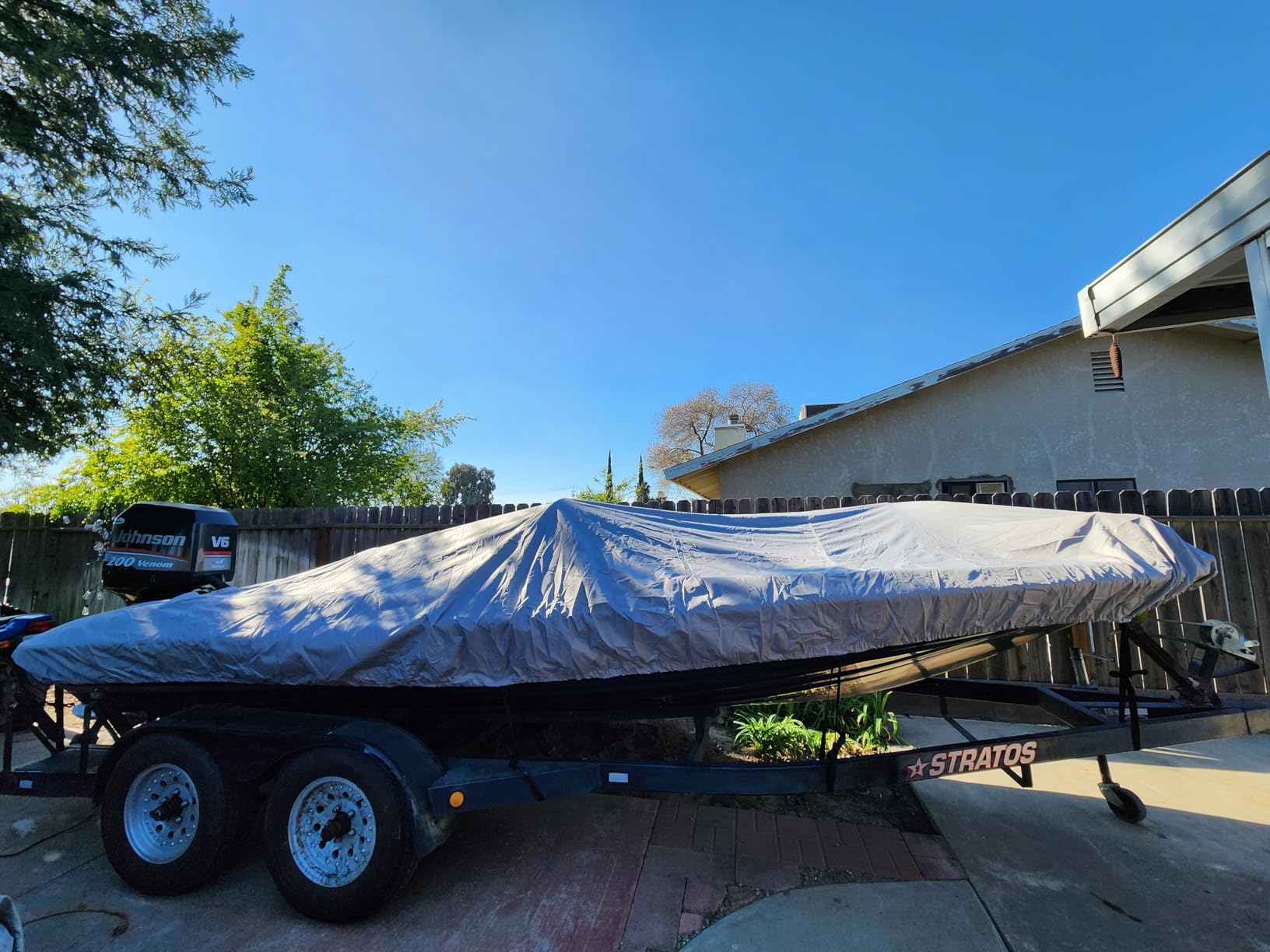 Solim Waterproof 1200D PU Boat Cover with Motor Cover, 17-19' Heavy Duty Marine Grade Trailerable Polyester Canvas, Fits 17-19ft Bass Boat, V-Hull, Runabout, Fishing, Ski Boat with Straps, Black customer photo 2