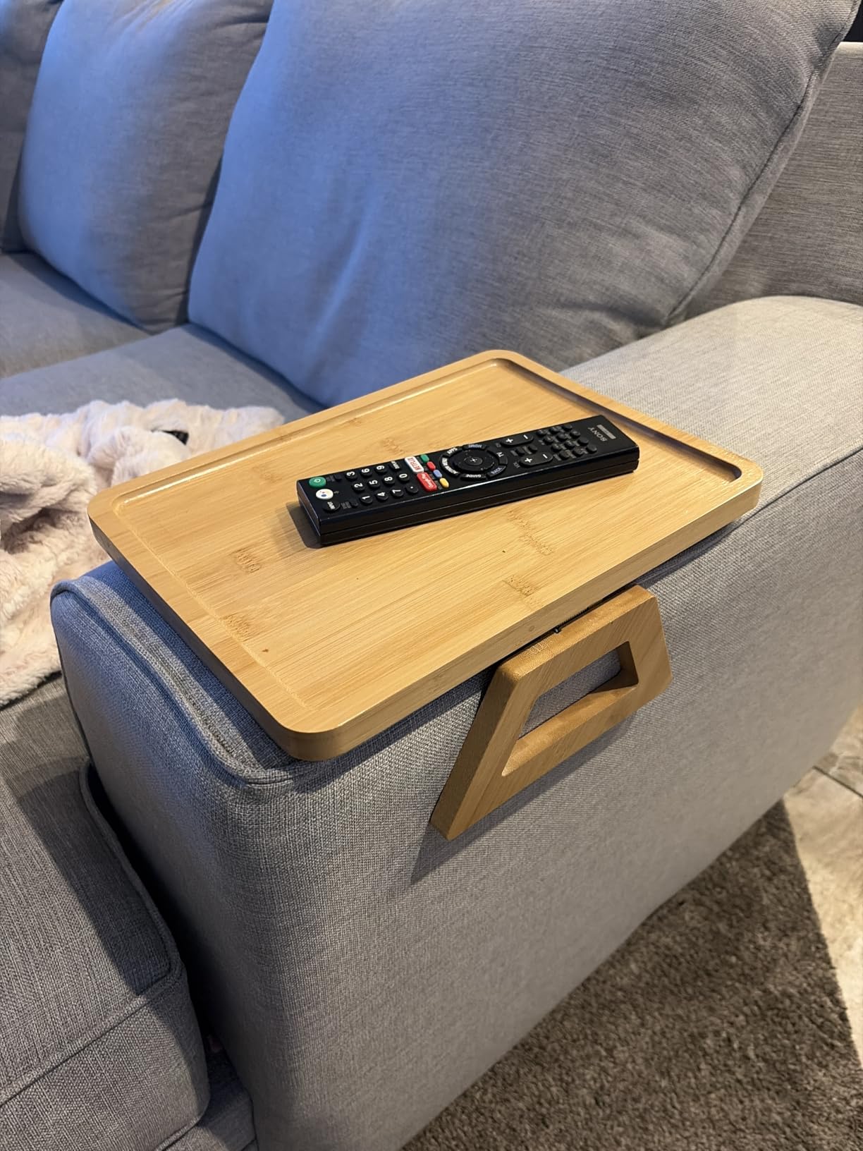 Couch Arm Tray,Bamboo Folding Sofa Tray,Sofa Armrest Trays Clip-On Couch Desk for Drinks,Snacks,Phone,Remote Control(Natural) customer photo 1