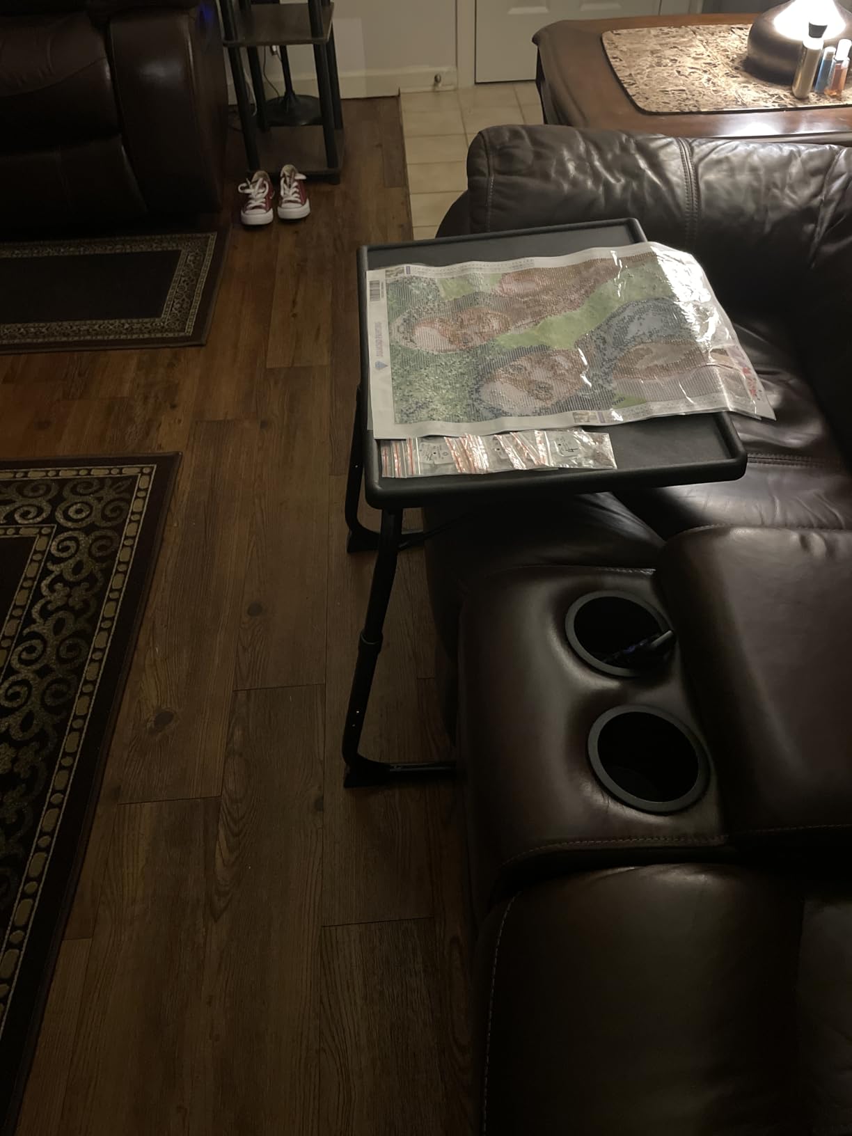 TV Tray Table, Adjustable TV Dinner Table for Eating on Couch with Cup Holder, Folding Couch Desk with 6 Height & 3 Tilt Angle Adjustments, Comfortable Laptop Stand for Bed & Sofa, Black customer photo 1