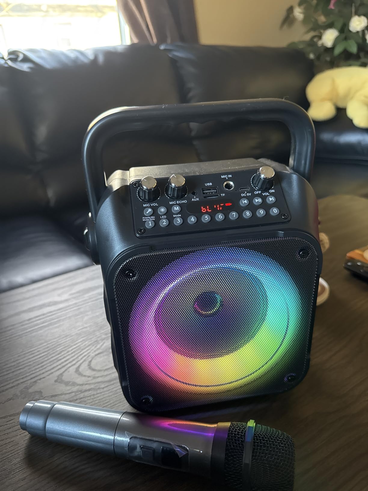CYY Karaoke Machine, Portable Bluetooth Speaker with 2 Wireless Microphones | Immersive Sound, 5 Light Modes, PA System, TWS USB TF AUX FM, for Adults and Kids, Home Party, Outdoor customer photo 1