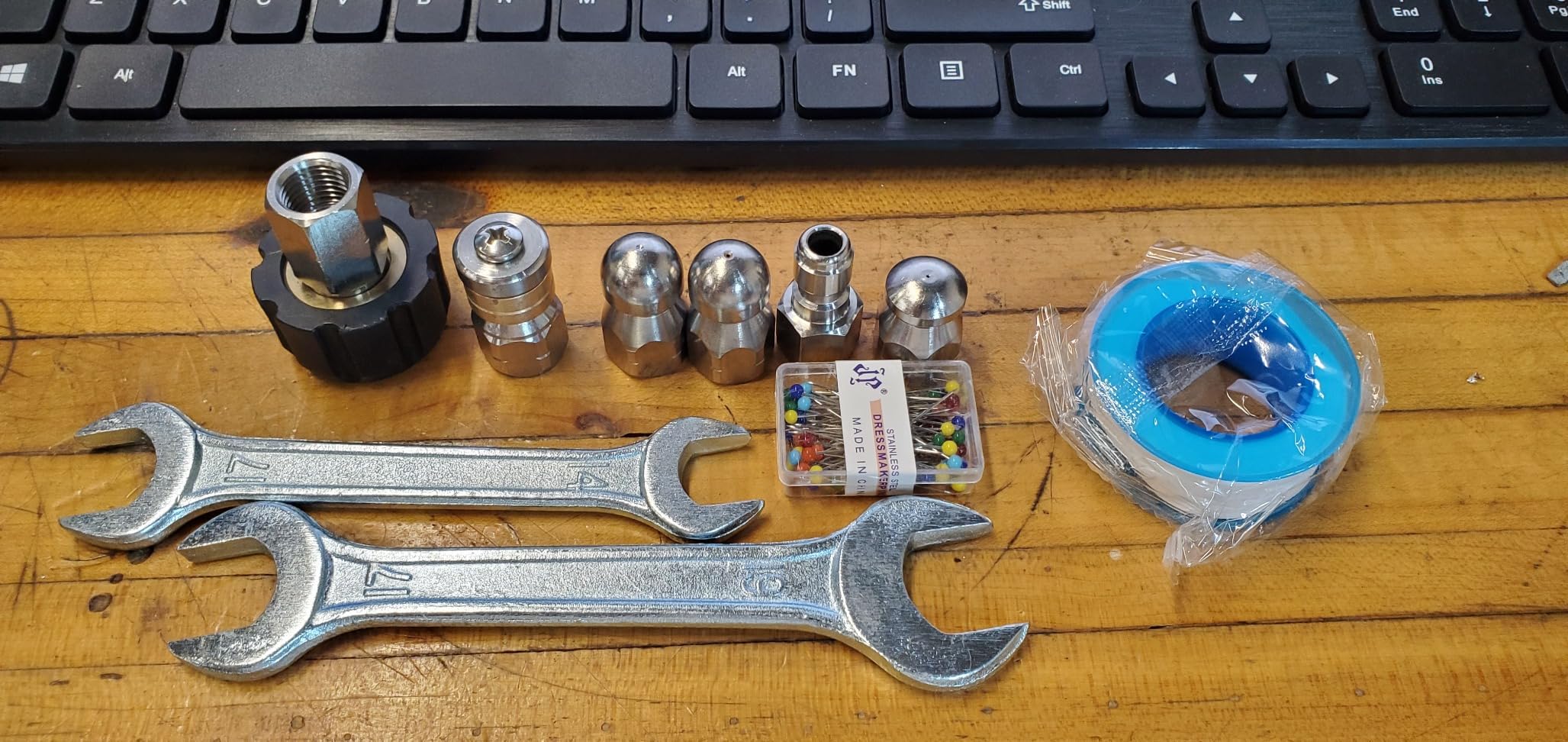 Sewer Jetter Kit 100FT for Pressure Washer, Pressure Washer Drain Jetter with 5800PSI Cleaner Hose 1/4 Inch NPT, Corner, Rotating & Button Nose Sewer Jetting Nozzle Spanner Waterproof Tape Pearl Pin customer photo 1