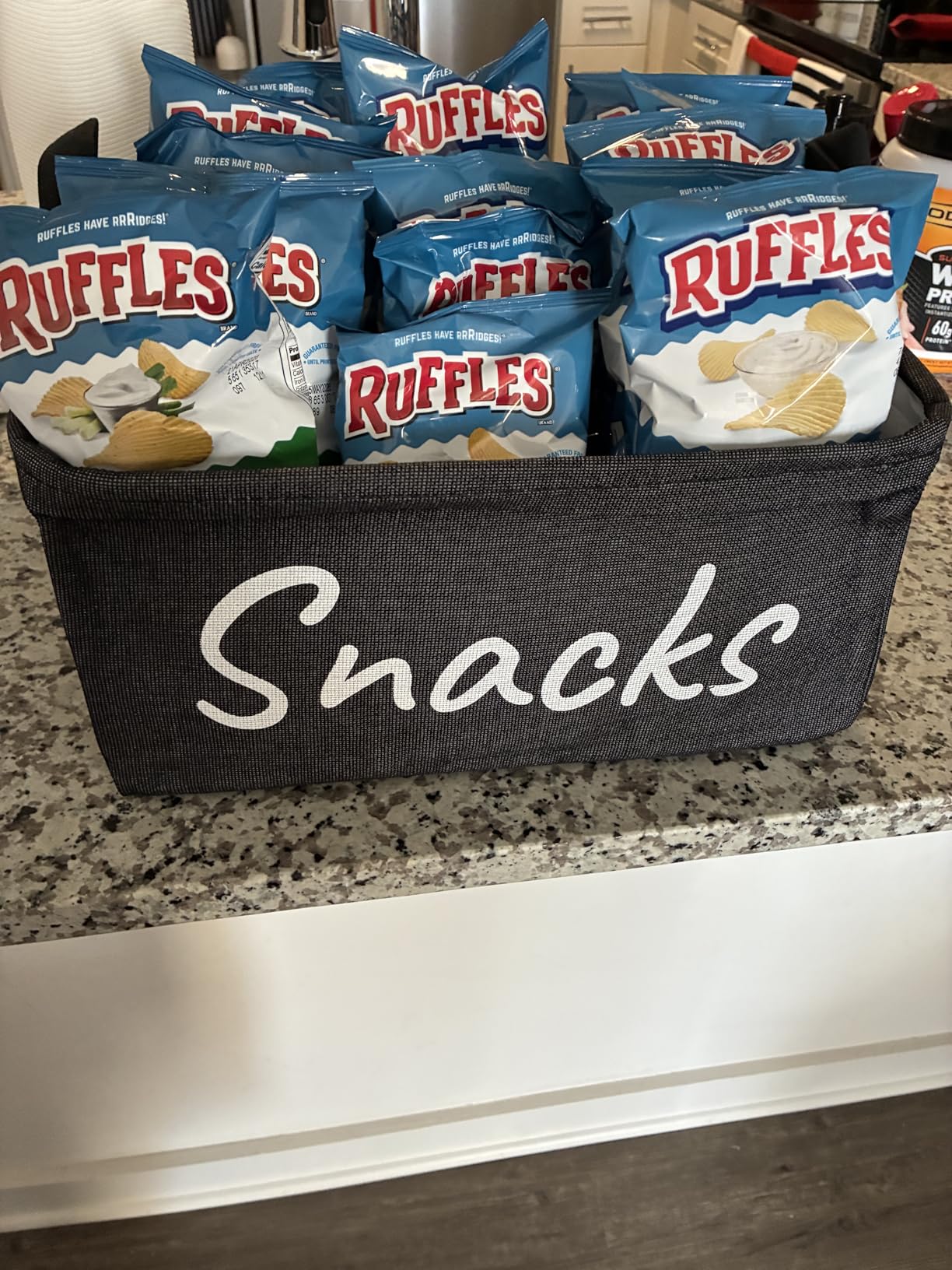 Snack Bin for Pantry - Snack Basket Organizer for Countertop - Imitation Linen Snack Storage Containers for Storing Chips, Pretzels, Cookies, Popcorn and more - Kitchen Organization customer photo 1