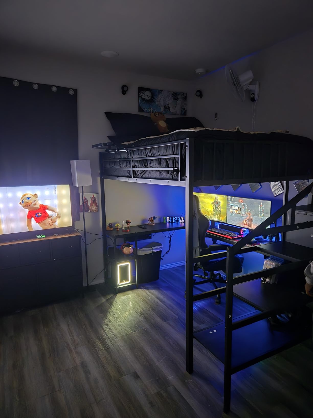 Full Size Loft Bed with Stairs and Desk, Metal Gaming Loft Bed with RGB LED Light, Heavy-duty Steel Loft Bed Frame with Storage Wardrobe, Shelves and Charging Station for Adults Kids Teens, Black customer photo 1