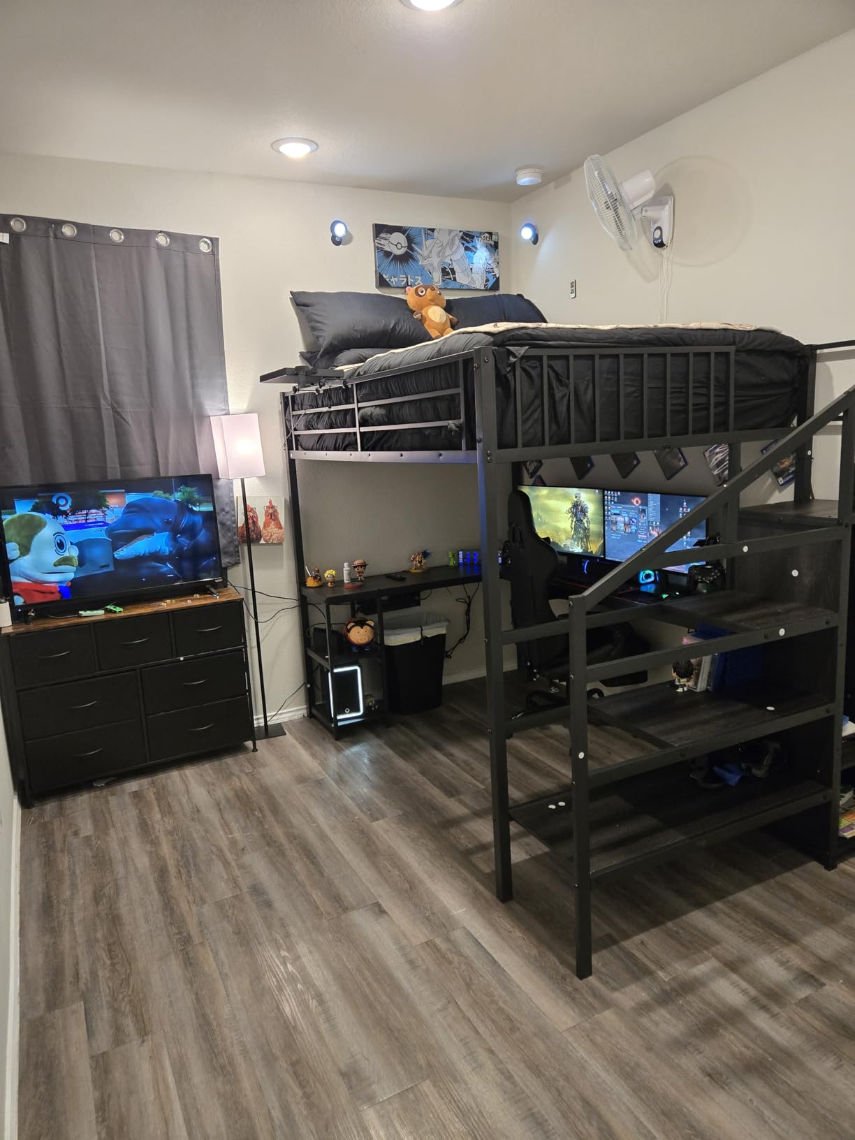 Full Size Loft Bed with Stairs and Desk, Metal Gaming Loft Bed with RGB LED Light, Heavy-duty Steel Loft Bed Frame with Storage Wardrobe, Shelves and Charging Station for Adults Kids Teens, Black customer photo 2