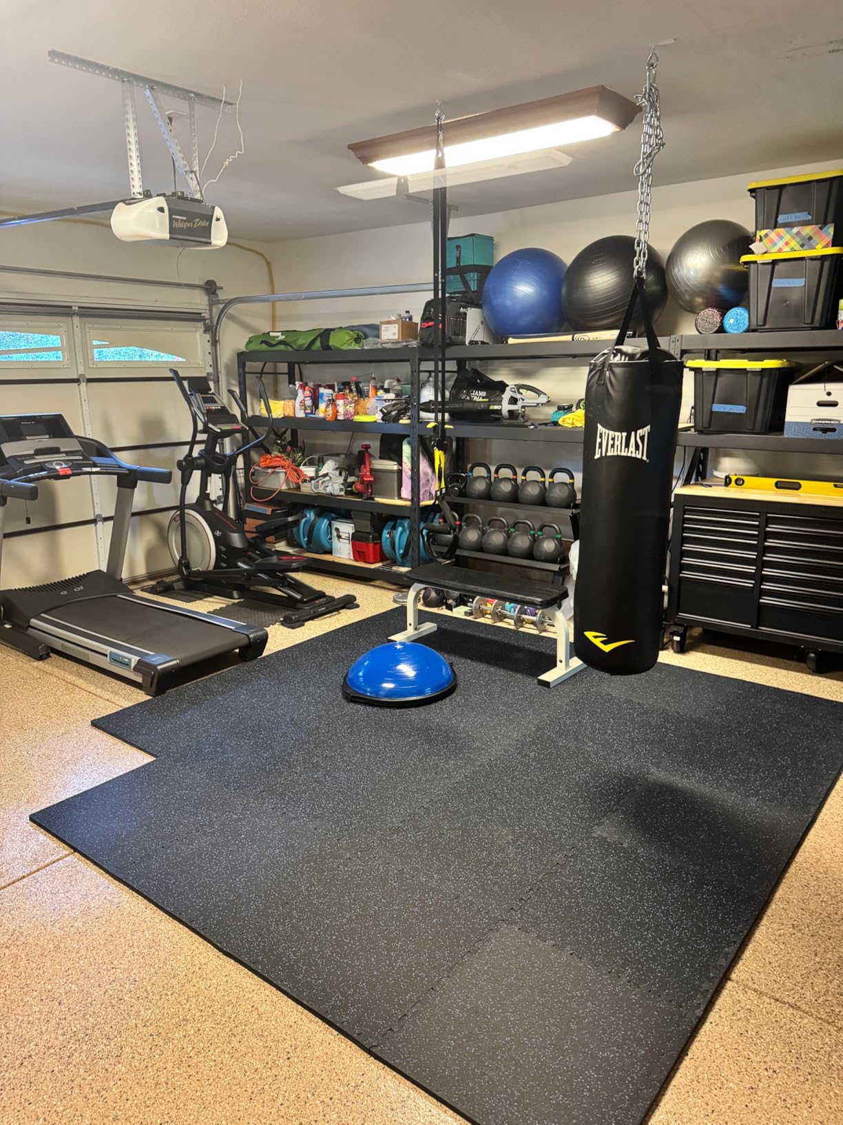 AIRHOP 0.79in Thick 48 Sq Ft Exercise Equipment Mats, 12 Tiles Upgraded Rubber Top with High Density EVA Foam, Large Interlocking Puzzle Gym Flooring for Home Gym, Heavy Weight Workout,Black & Blue customer photo 1