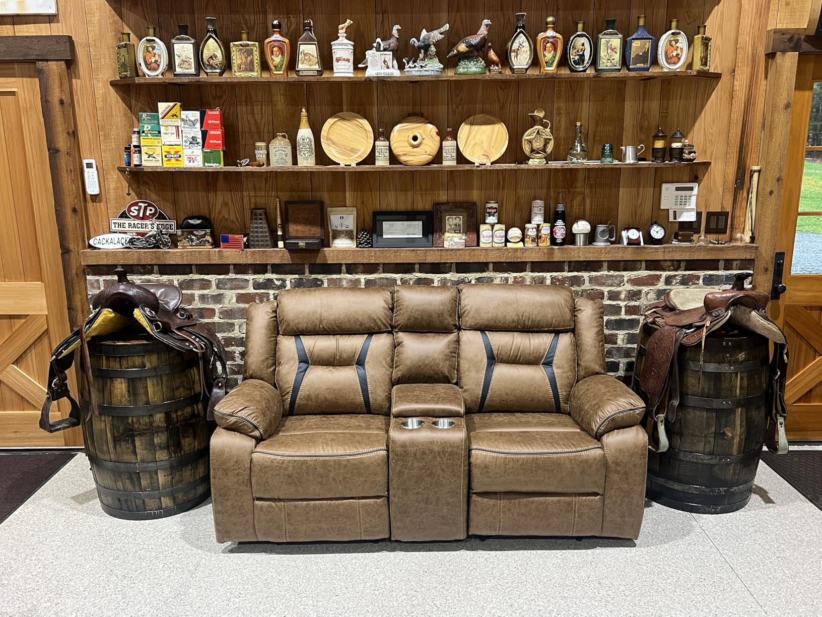 EBELLO Faux Leather Manual Loveseat Recliner, 2 Seat Reclining Sofa Chair with Center Console, Hidden Storage and Cup Holders, Daul Recliner for Living Room, Meeting Room, Brown (Loveseat) customer photo 1