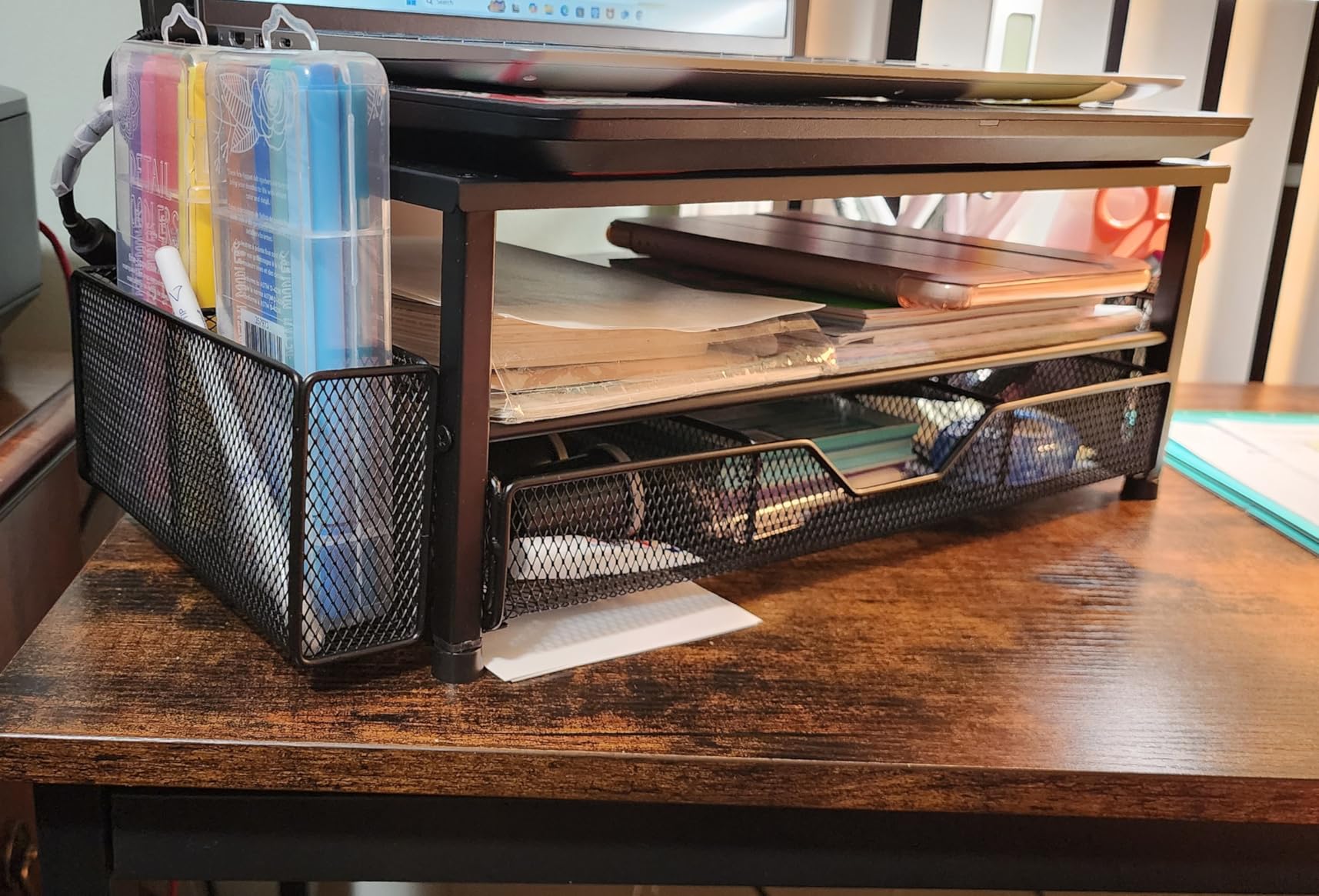 OPNICE Desk Organizer and Accessories, 2-Tier Computer Monitor Stand Riser with Drawer and 2 Pen Holders, Laptop Stand, Office Desk Accessories for Office Supplies, Black customer photo 2