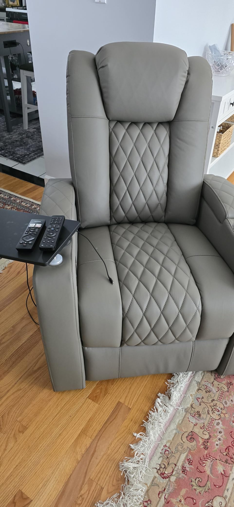 comfiroom Home Theater Seating Seats Classic Series Top Grain Nappa Leather Loveseat Recliner Chairs Dual Power Movie Gaming Sofa Chair Electric Headrest with Tray Table (Black, Row of 2 Loveseat) customer photo 2