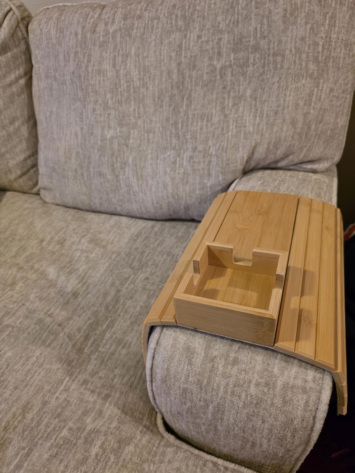 Bamboo Couch Cup Holder for Drink & Snack, Couch Arm Table & Couch Armrest Tray with Couch Cup Holder Tray Table for Couch, Recliner, or Loveseat. customer photo 2