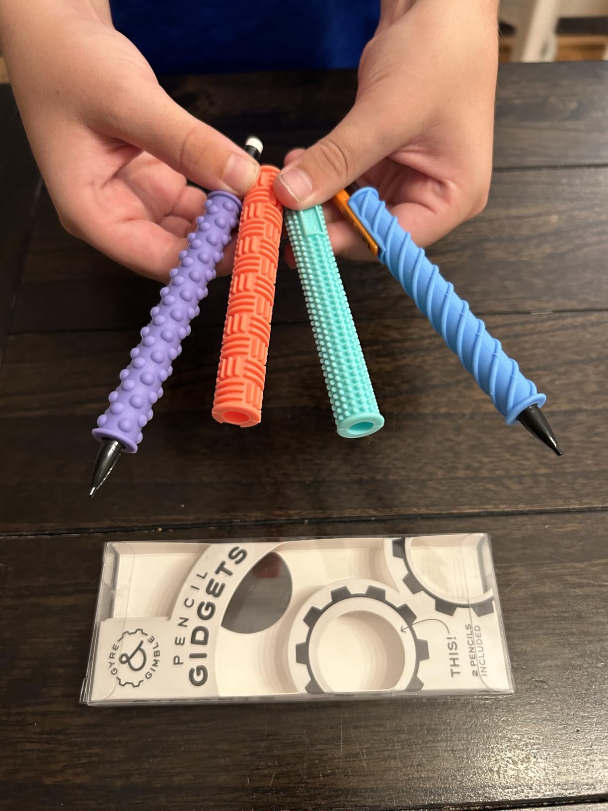 Pencil Gidgets - Textured Silicone Pencil Sleeve for Quiet Fidgeting - Transform Your Mechanical Pencil into a Sensory ADHD Tool for Kids and Adults - 4 Sleeves & 2 Pencils - Gray customer photo 1