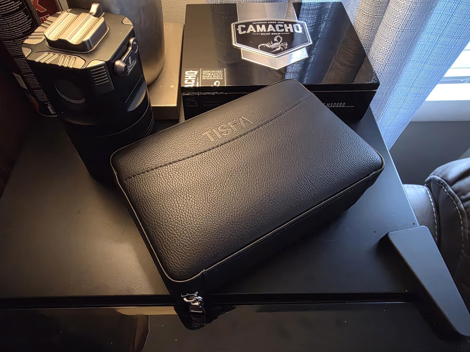 TISFA Cigar Humidor, Leather Cigar Case with Cigar Lighter, Cigar Cutter V Cut, Cigar Stand 3 in 1, Portable Travel Humidor with Humidifier, Cigar Gift Cedar Wood Cigar Box (Dark Brown) customer photo 1