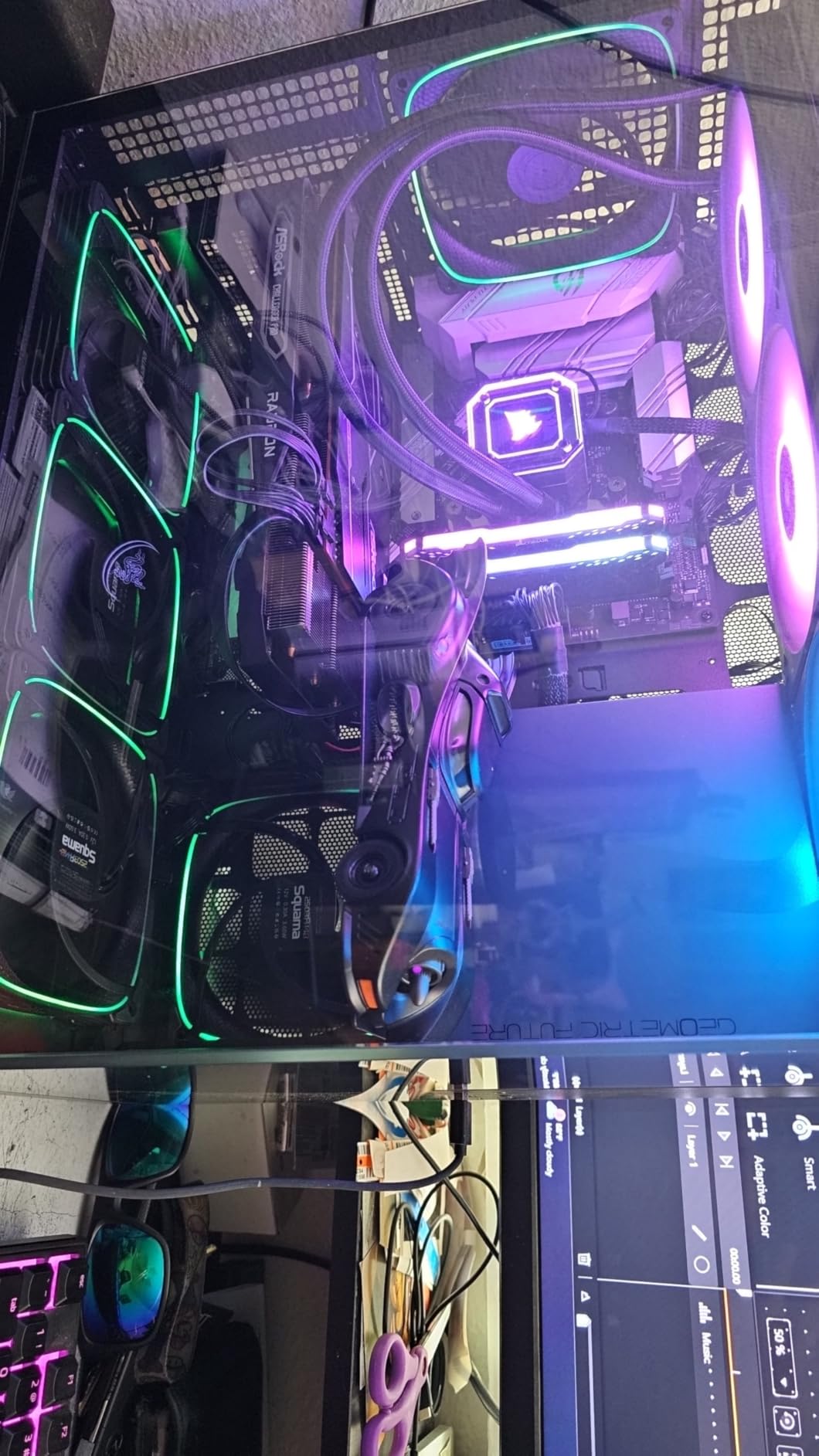Geometric Future M5 Tempered Glass Mid Tower, E-ATX/ATX Gaming Case, 1.2mm Steel, Type C, Toolless Panels, Support 420/360 Radiator, ARGB PWM 140m Fan x 5 Pre-Installed, Black/Green, GEO-M5F-BNY customer photo 2