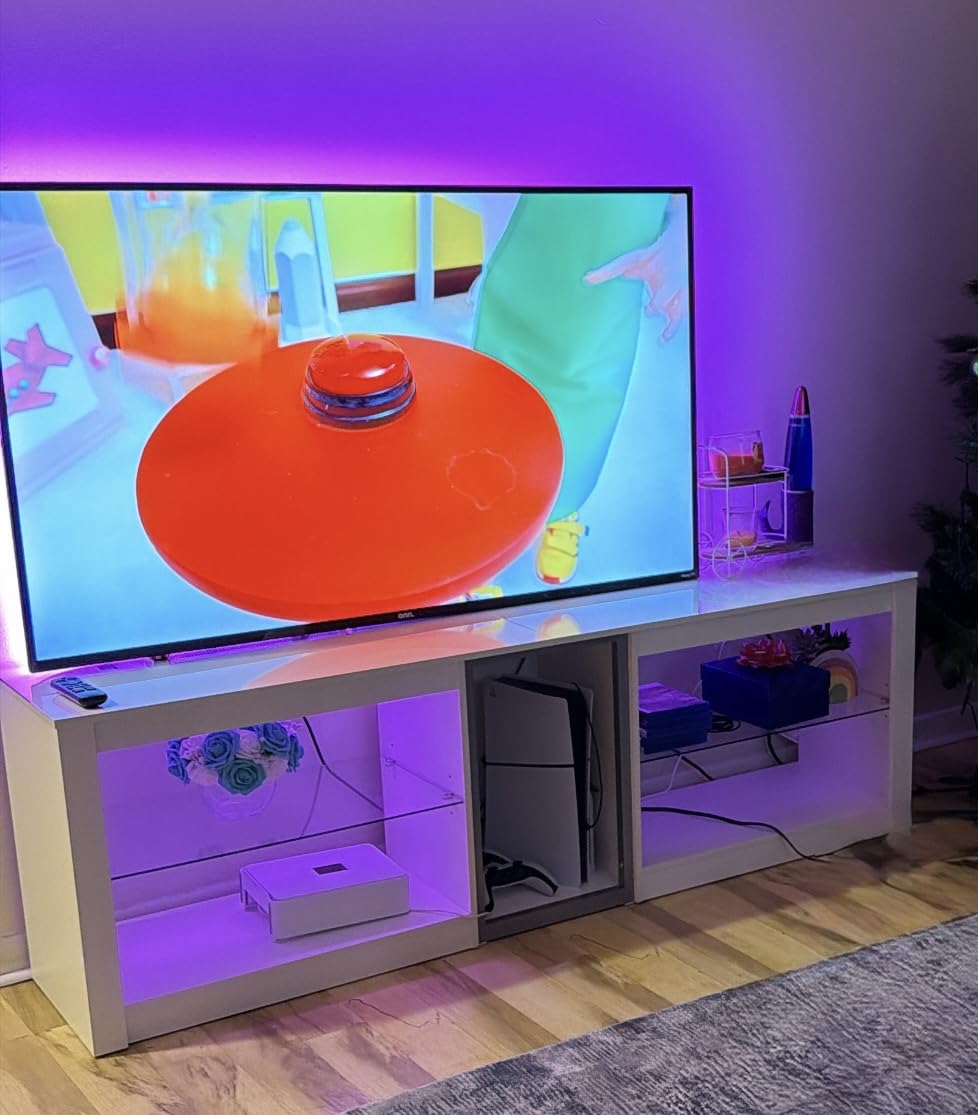 Bestier High Gloss TV Stand for 70 inch TV with Power Outlets, LED Entertainment Center for PS5, Gaming TV Consoles with Glass Shelves for Living Room, 63'' Inch, Glossy Black customer photo 1