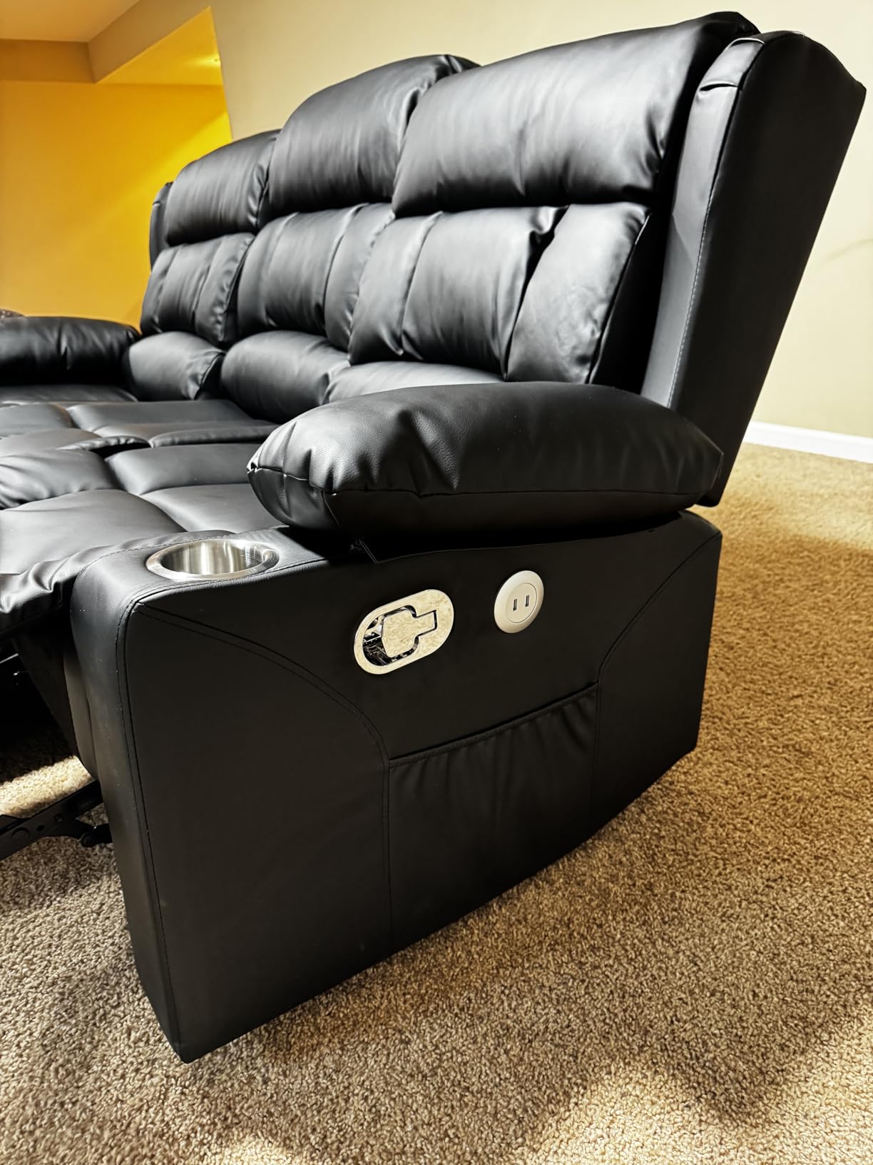 Loveseat Recliner Sofa, Flip Middle Backrest Design 3 Seat Reclining Sofa with Storage Drawer, USB Ports & Cup Holders, Manual Couch for Living Room/RV (Gray) customer photo 2