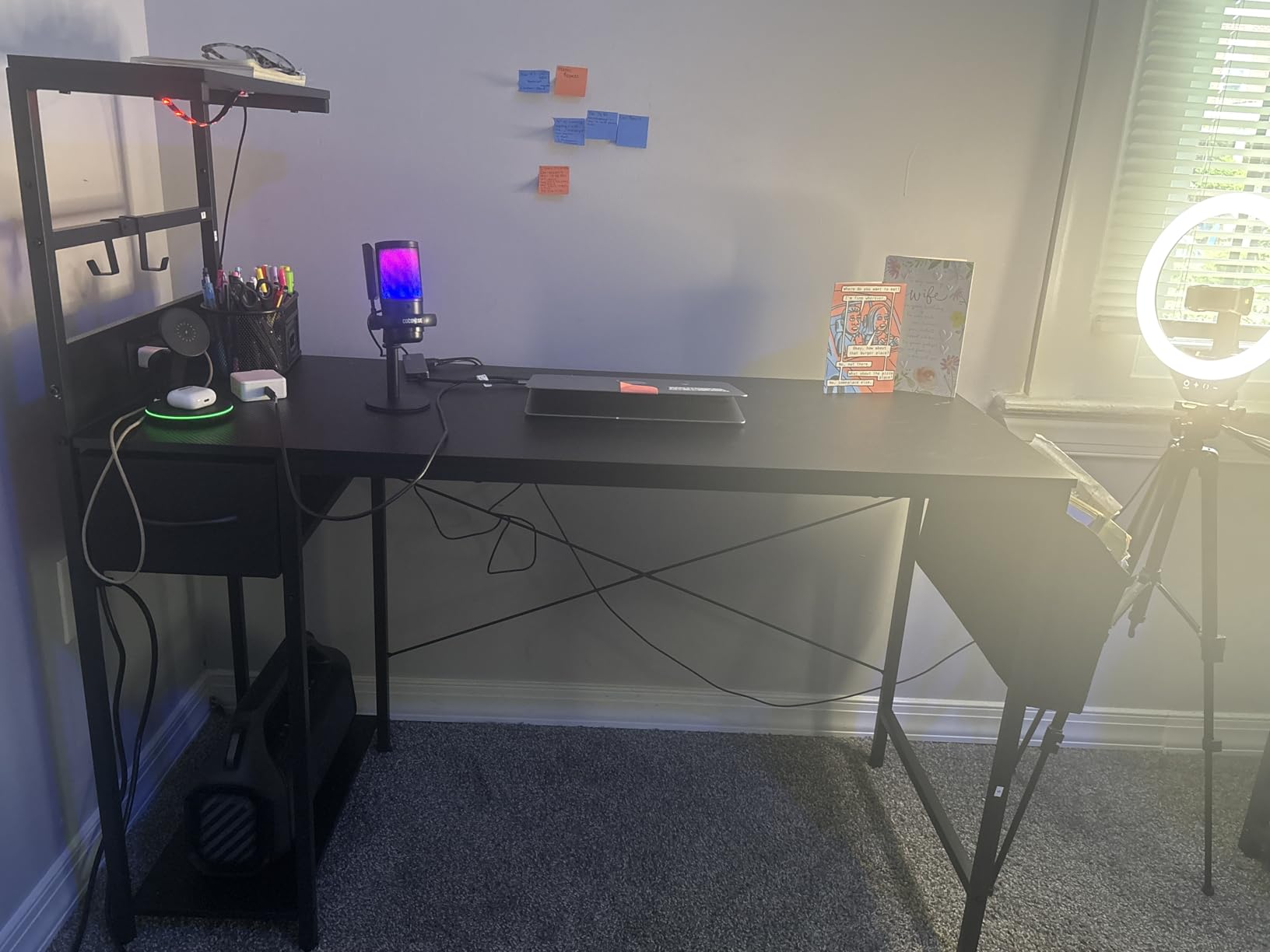 Grandder Gaming Desk 40 Inch with Power Outlet and LED Light, Computer Desk with Reversible Shelves and Storage Drawer, Pc Small Desk for Home Office Table with Bag, Carbon Fiber Black customer photo 1