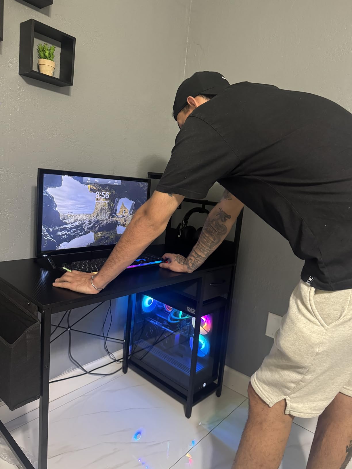 Grandder Gaming Desk 40 Inch with Power Outlet and LED Light, Computer Desk with Reversible Shelves and Storage Drawer, Pc Small Desk for Home Office Table with Bag, Carbon Fiber Black customer photo 2