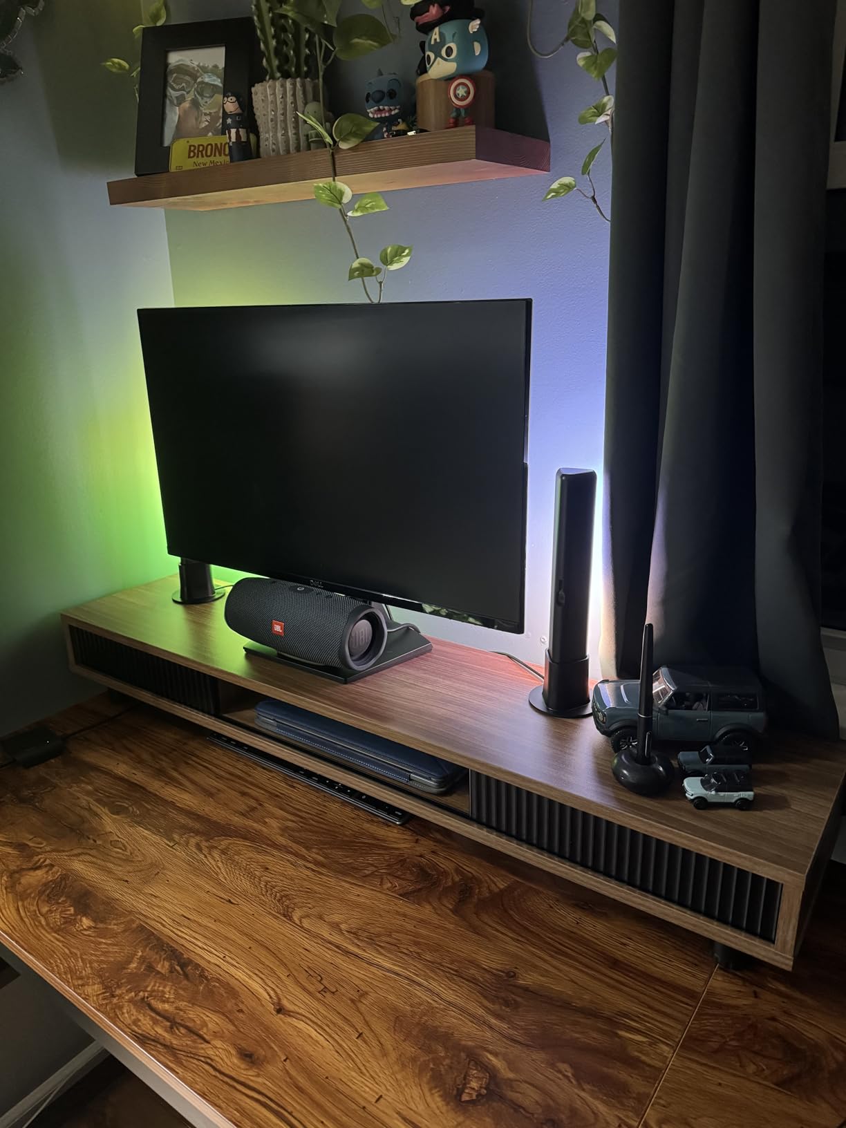 Fenge Dual Monitor Stand, 42.5inch Long Monitor Stands Riser for 2 Monitors, Sliding Door with Storage Organizer Stand for Desk, 2 Tier Desk Shelf for Laptop, Pc, Printer, Computer, TV customer photo 1