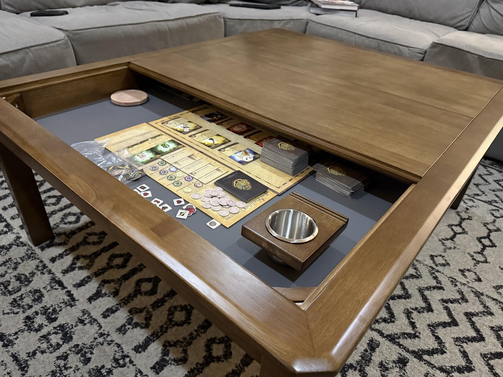 Board Game Coffee Table with Removable Table Top, Seats 4 Players with 3ft-7in x 2ft-9in Play Area, Includes Play Mat and Detachable Cup Holders, Minimal Assembly Required customer photo 1