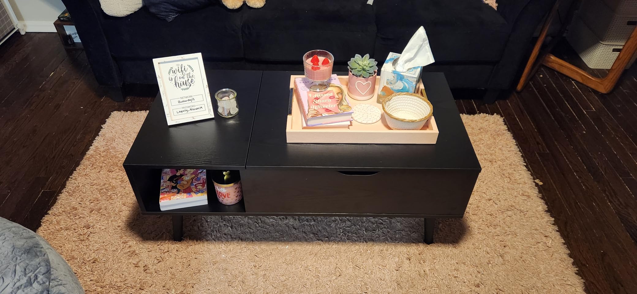 OLIXIS Wood Lift Top Coffee Table with Hidden Compartment and Large Storage Shelf, Lift Tabletop Dining Center Table for Home Living Room Office, Black customer photo 2