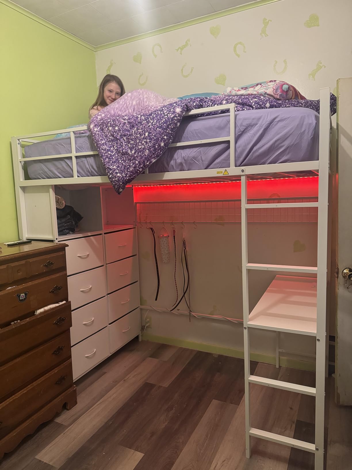 ADORNEVE Twin Size Loft Bed with Desk and 8 Storage Drawers, Metal Kids Loft Bed Twin with LED Lights & Charging Sation, Storage Shelves, 13.1