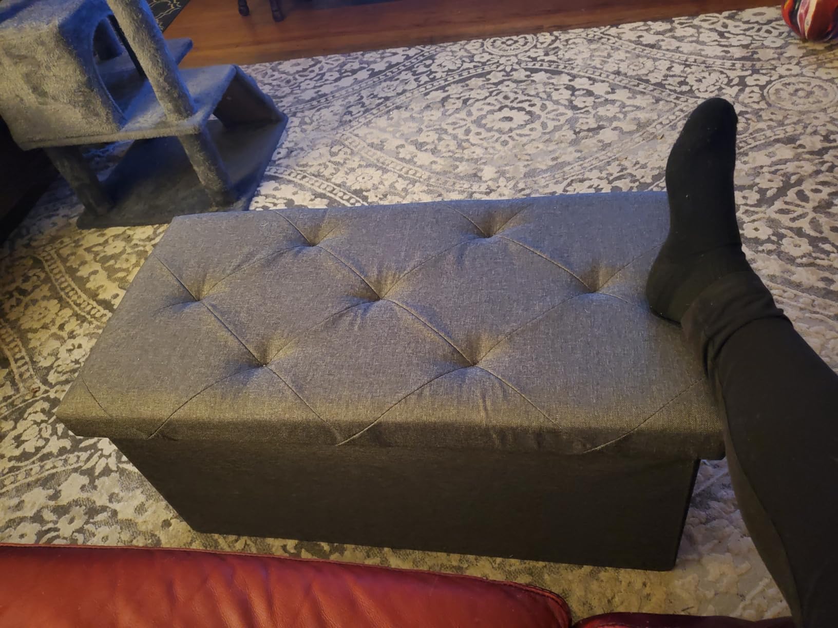 DUMOS 43in Foldable Storage Ottoman Bench, Storage Chest, End of Bed Foot Rest Stool with Padded Seat, Bedroom Bench for Living Room, Support 660lbs, Grey customer photo 2