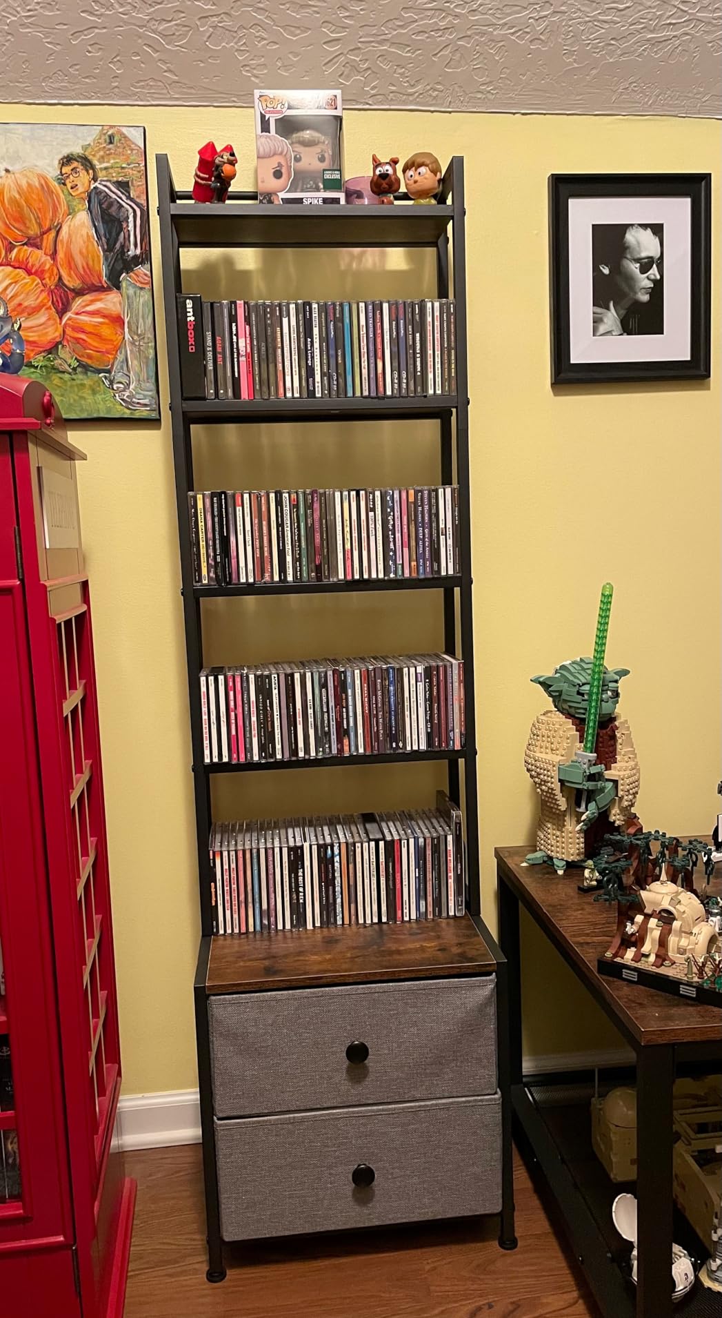 CD Storage Rack with Drawer, 5-Tier DVD Organizer Shelf w/Adjustable Book Stoppers, Media Storage Rack for CD/DVD, Books & Games, Ideal for Living Room & Home Office customer photo 1