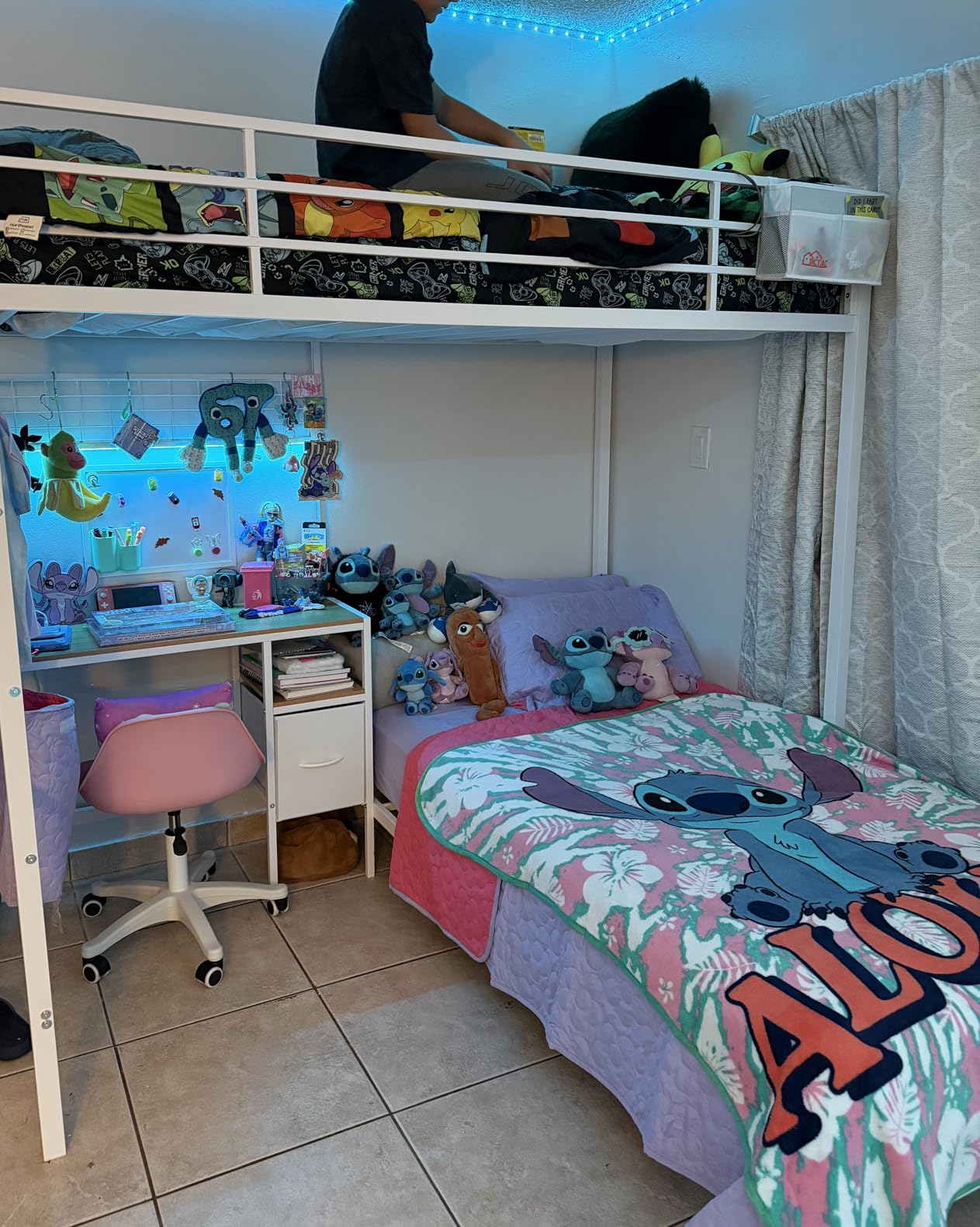 DICTAC Bunk Bed Full Over Twin with Desk and Led Lights Metal Full Over Twin Size Bunk Bed with Charging Station,Storage Shelves and Drawer,Bunk Beds for Teen/Adult with Safety Guard & Ladder,White customer photo 2