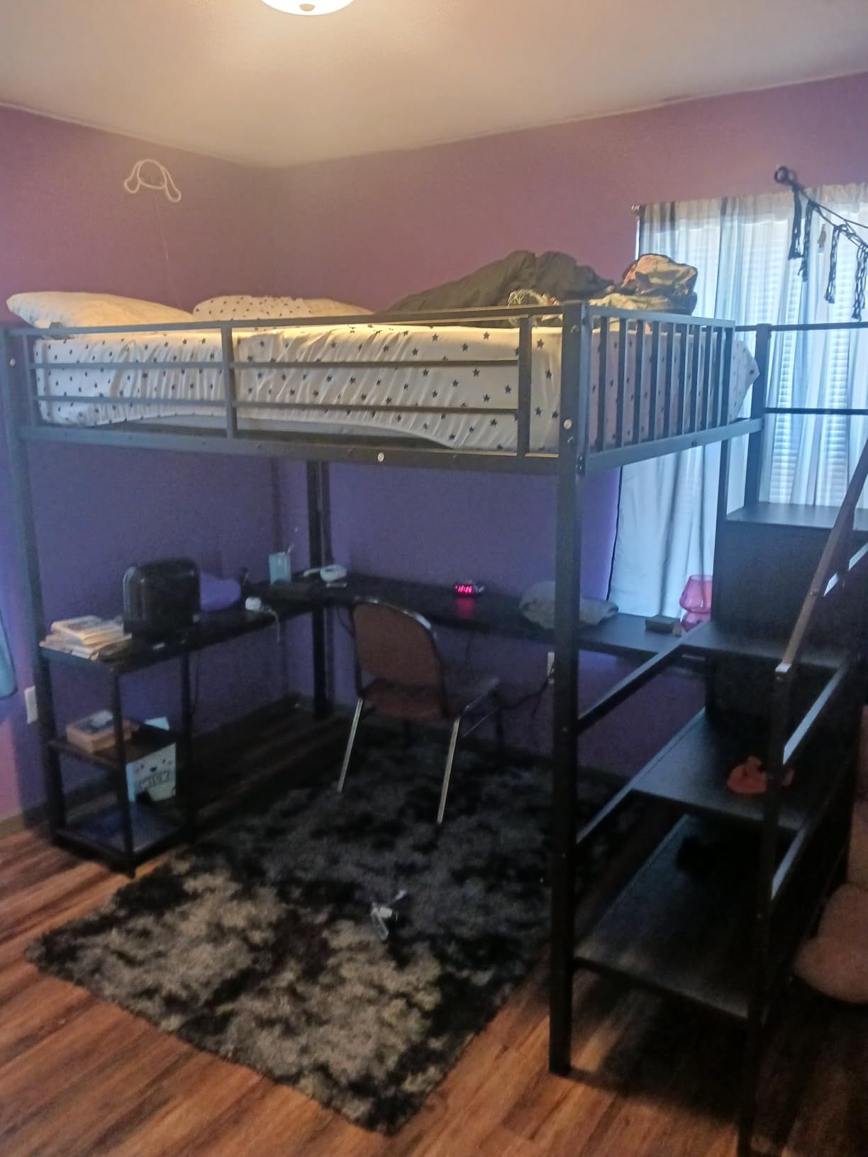 Twin Size Loft Bed with Desk and Storage Stairs,Metal Gaming Twin Loft Bed with LED Lighting, High Loft Bed with Wardrobe and Shelves for Boys,Girls,Teens, Adults,White customer photo 2