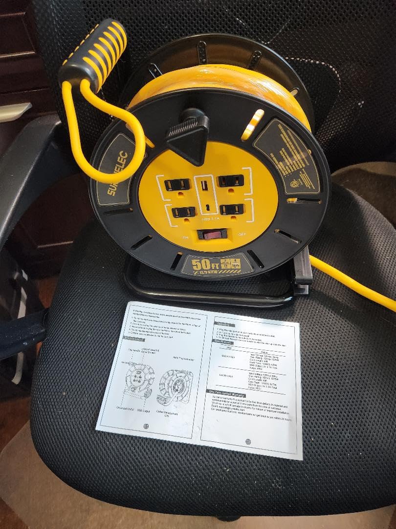 SURAIELEC 50 FT Retractable Extension Cord Reel, 12AWG Heavy Duty Power Cord with Handle Rewind, 4 Grounded Outlets, USB-A & USB-C Ports, 15A Circuit Breaker, ETL Listed for Garage, Workshop, Jobsite customer photo 1
