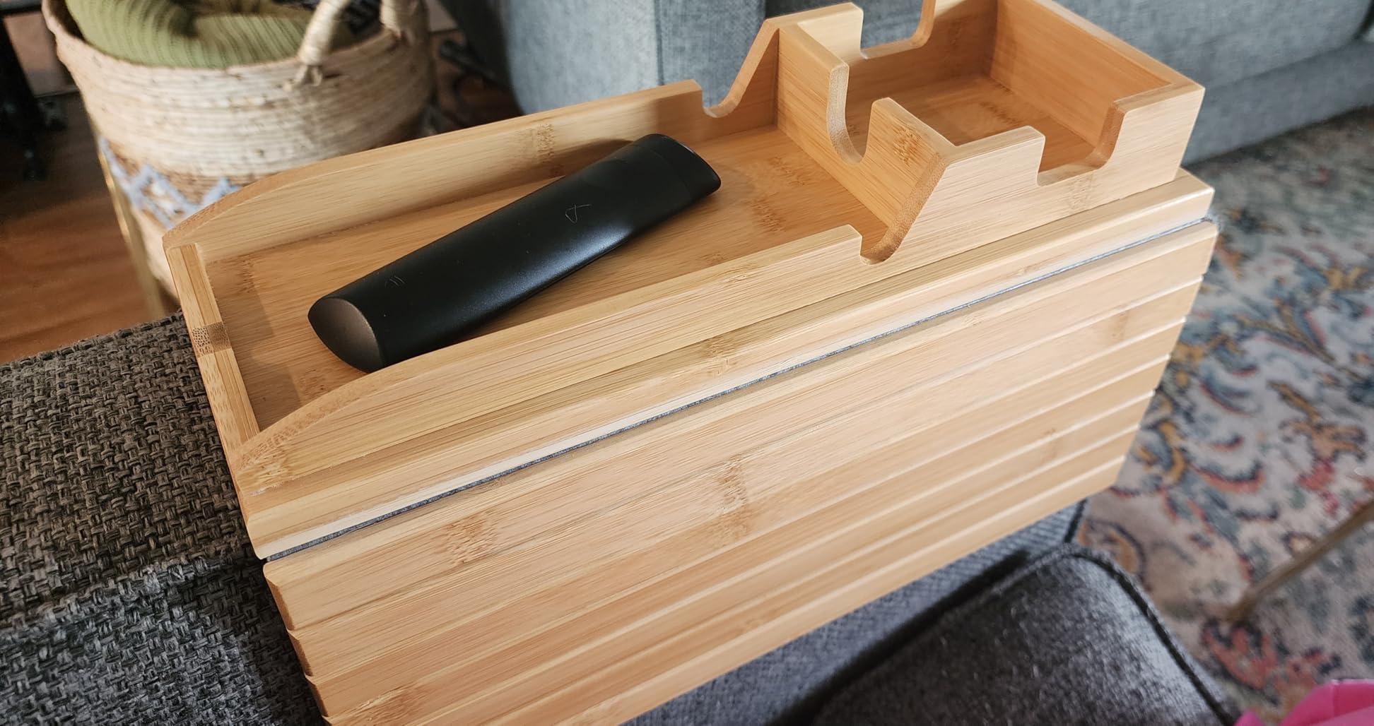 FUNKYLEE Bamboo Couch Armrest Table, Arm Tray with Removable Couch Cup Holder, 2 in 1 Design Foldable Anti-Slip Bamboo Sofa Arm Tray for Remote Controls, Phones, Cups and Snacks customer photo 1