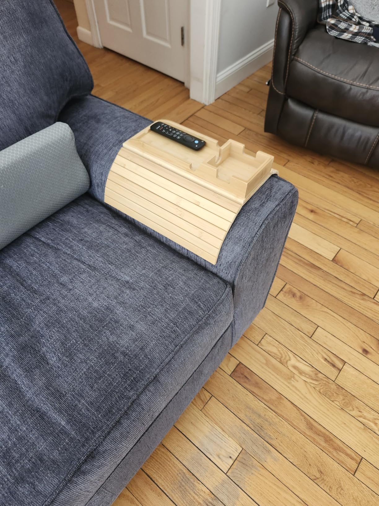 FUNKYLEE Bamboo Couch Armrest Table, Arm Tray with Removable Couch Cup Holder, 2 in 1 Design Foldable Anti-Slip Bamboo Sofa Arm Tray for Remote Controls, Phones, Cups and Snacks customer photo 2