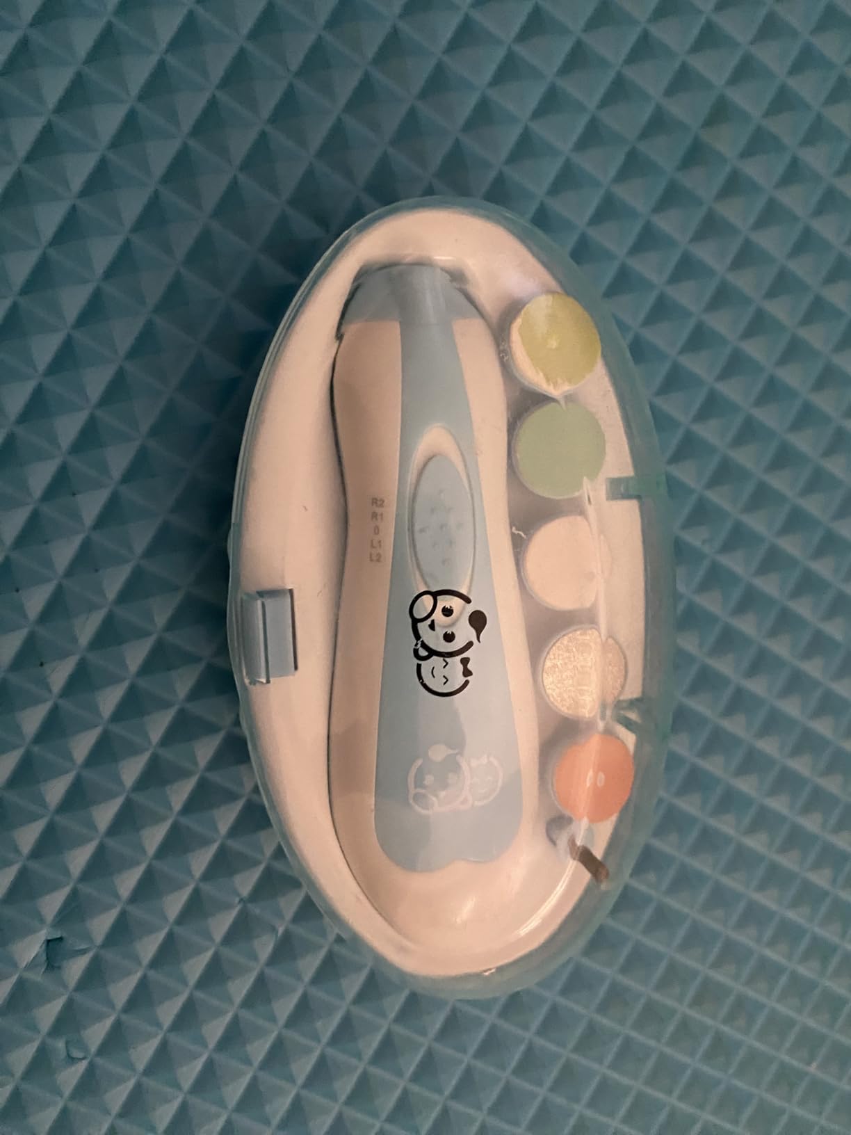 Royal Angels Upgraded 6 in 1 Baby Nail Trimmer with Labeled Case, 4 Colored Pads for Newborns to Toddlers, Whisper Quiet Electric Nail File with LED Light, Safe Manicure Set for Families (Babyblue) customer photo 1