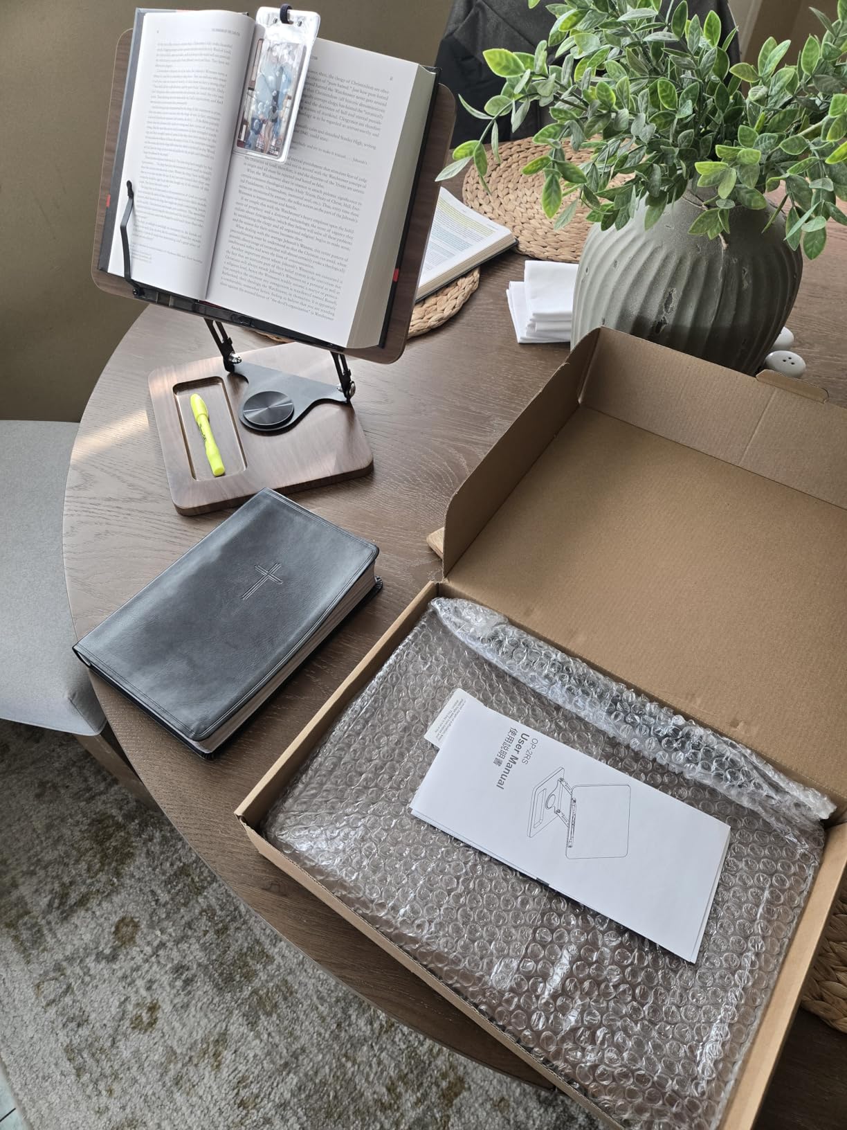 Book Stand for Reading, 360° Rotating Hands Free Book Holder, Adjustable Height and Angle, Page Clip for Cookbook, Recipe, Magazine, Laptop,Tablet, Foldable for Kitchen, Office, School customer photo 1