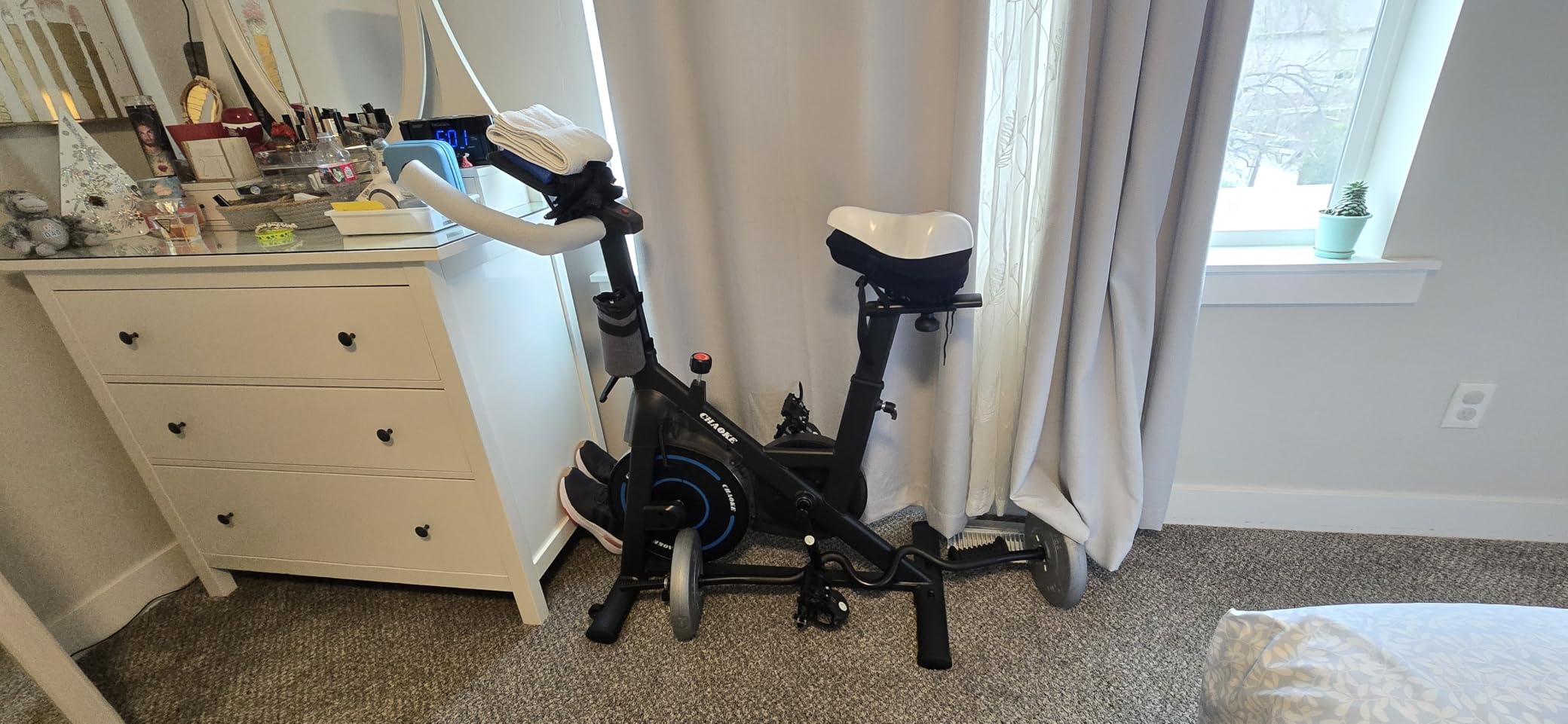 CHAOKE Exercise Bike, Quiet Adjustable Magnetic Stationary Bike for Home Cardio with App Compatible, 350LB Weight Capacity Indoor Cycling Bike with Large Seat, Dumbbell Rack, Pull Cords & LCD Display customer photo 2