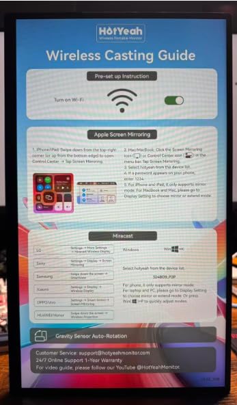 Wireless Portable Monitor Battery-Powered, Support AirPlay Miracast, 15.6