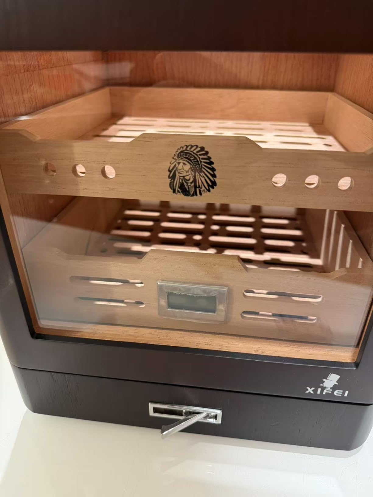 XIFEI Cigar Humidor Cabinet, Glass Top & Adjustable LED Lighting, Digital Hygrometer, 2 Humidifiers, Cigar Tube, Desktop Cedar Wood Humidor with Accessory Drawer for 80-100 Cigars, Ideal Men's Gift customer photo 1