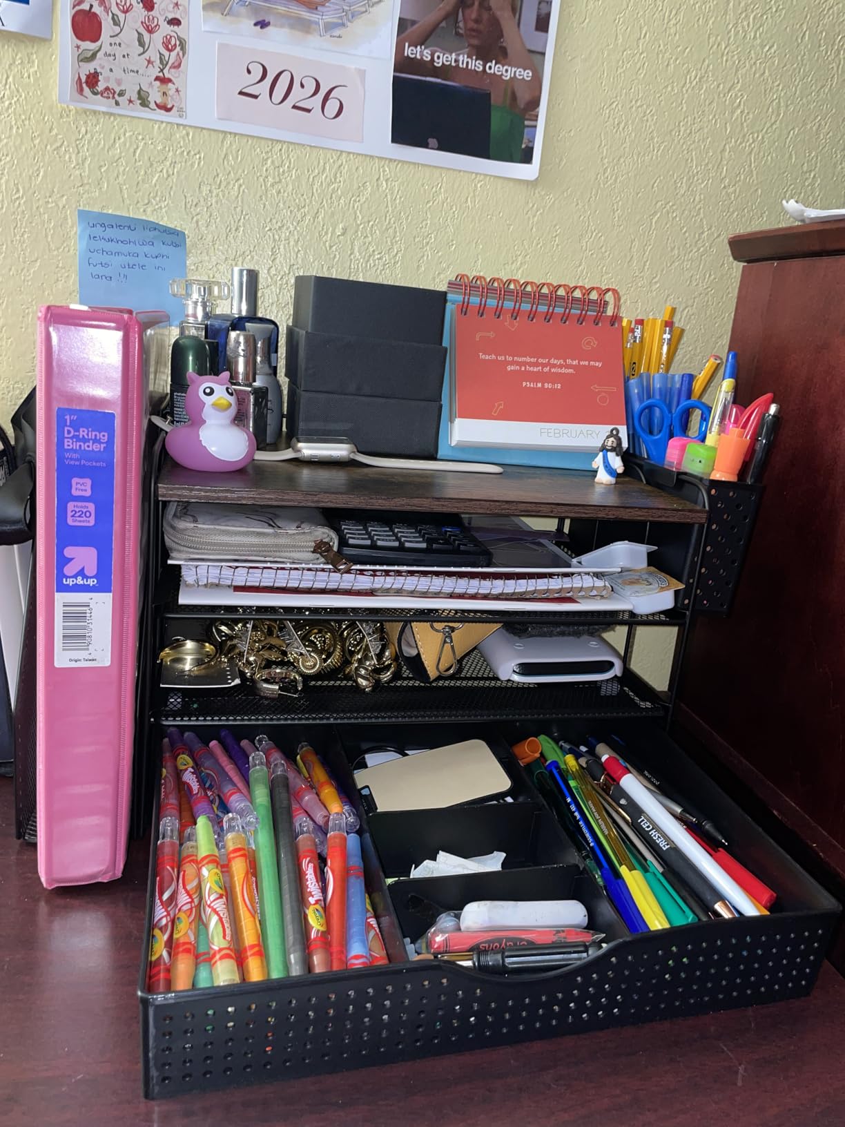 gianotter Wood Desk Organizers and Accessories with File Holder, 4-Tier Desk Accessories & Workspace Organizers with Drawer and Pen Holder, Paper Organizer for Office Supplies (Wood) customer photo 2