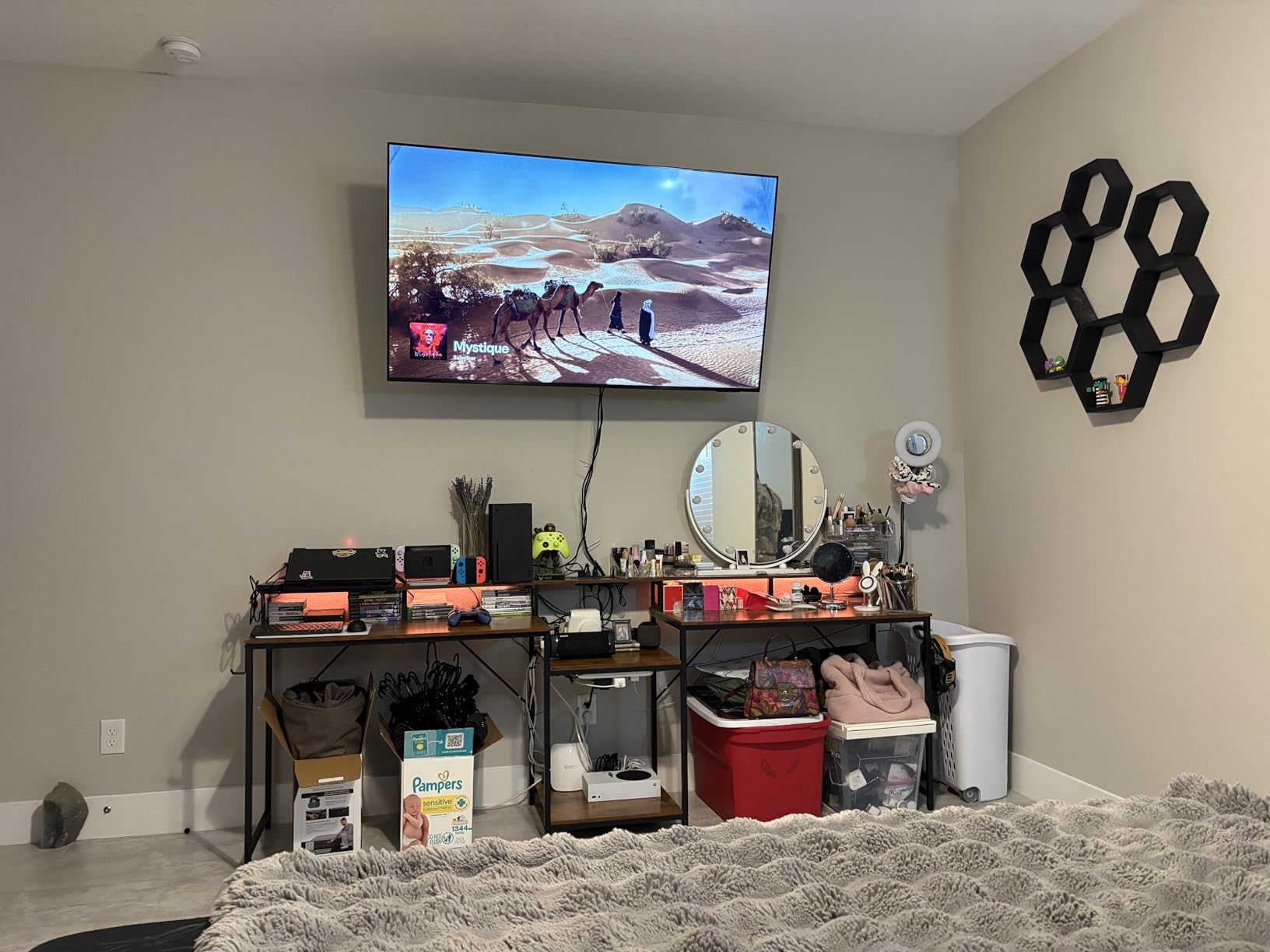 Casaottima 98 Inch 2 Person Gaming Desk with Storage Shelves, Long Double Home Office Computer Writing Desks with USB Charging Port & LED Lights, Monitor Stand, Modern Study/Work Table, Black customer photo 1