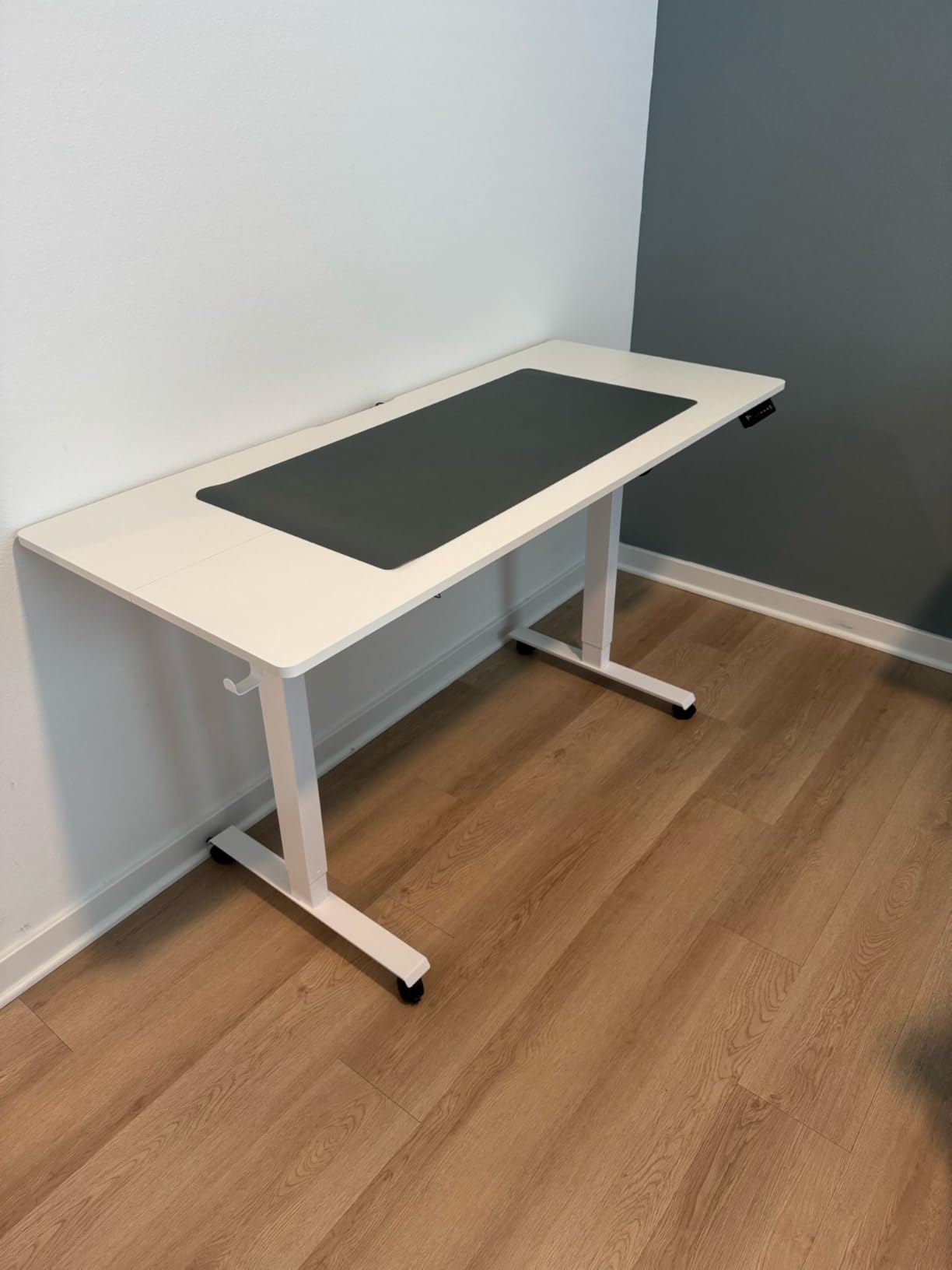 63 x 28 Inch Electric Standing Desk with 4 Wheels, Height Adjustable Desk for Home Office, Sit Stand Desk with 4 Memory Presets, Headphone Hooks and Cable Clips, Splice Board Black customer photo 1