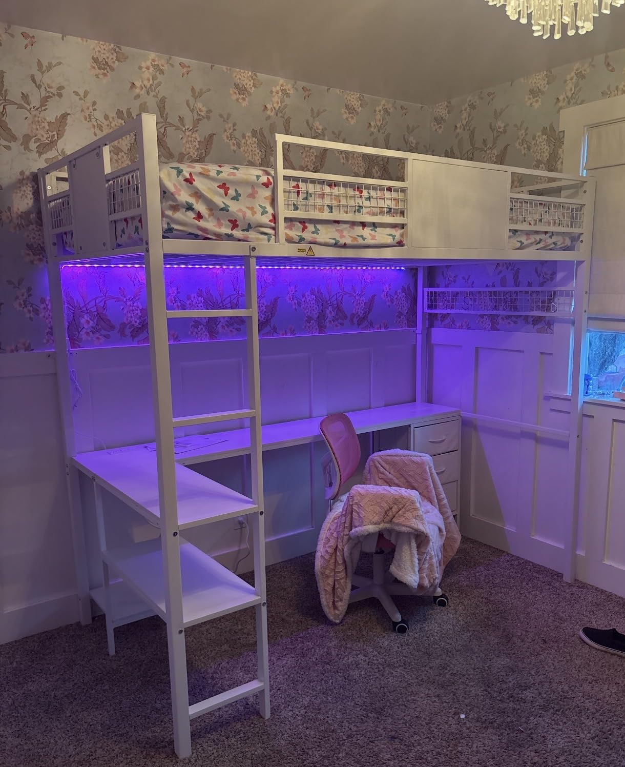 ADORNEVE Loft Bed Full Size with L-Shaped Desk, 3 Storage Drawers, Power Outlet, 3 Storage Shelves, Metal Loft Bed Frame with RGB Lights, Bed with Safety Guardrail & Ladders,Space-Saving, White customer photo 1