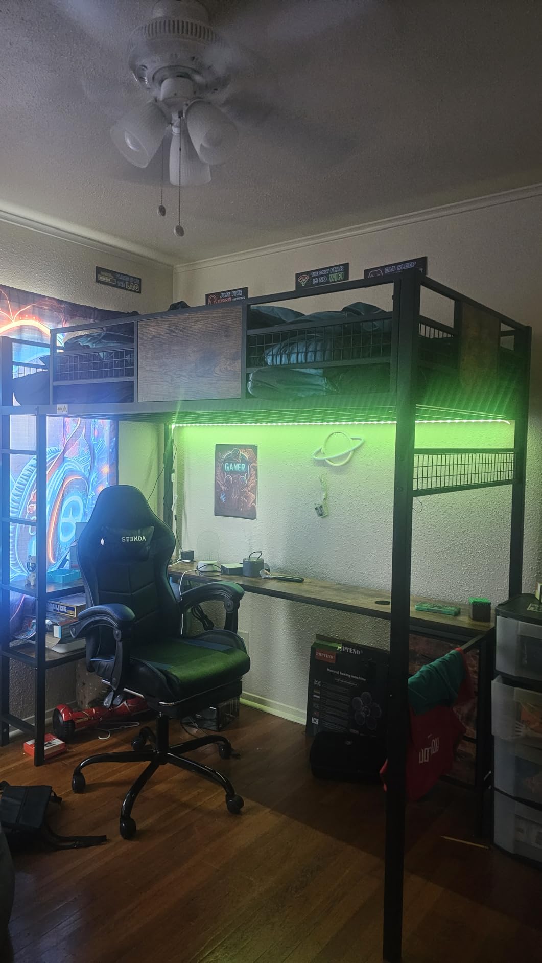ADORNEVE Loft Bed Full Size with L-Shaped Desk, 3 Storage Drawers, Power Outlet, 3 Storage Shelves, Metal Loft Bed Frame with RGB Lights, Bed with Safety Guardrail & Ladders,Space-Saving, White customer photo 2