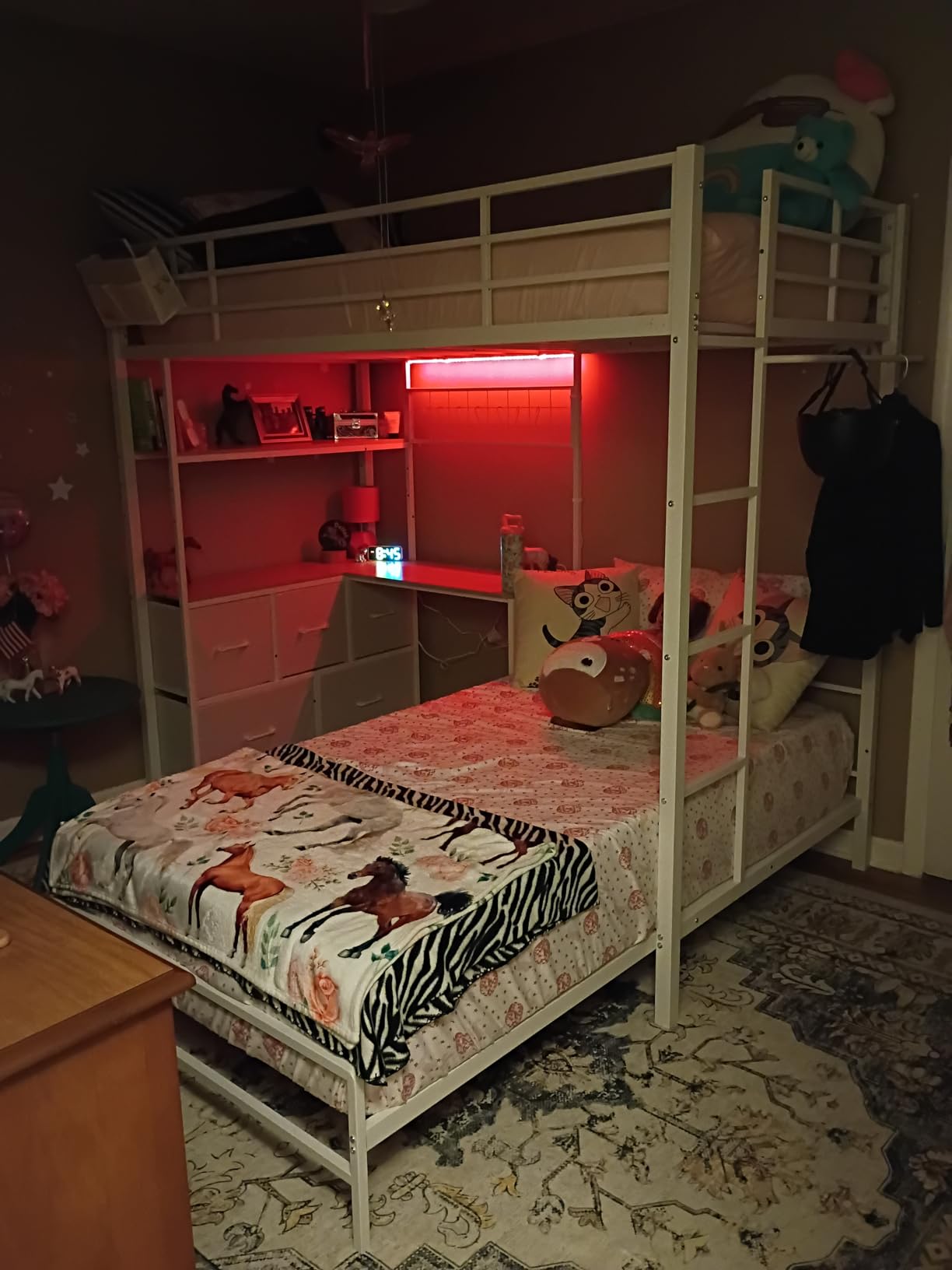 DICTAC Bunk Bed with L-Shaped Desk,5 Storage Drawers and 2 Shelves Metal Twin XL Over Twin Bunk Bed with LED Lights and Charging Station,bunk Beds with Safety Guardrail & Ladder,Space-Saving,Black customer photo 2