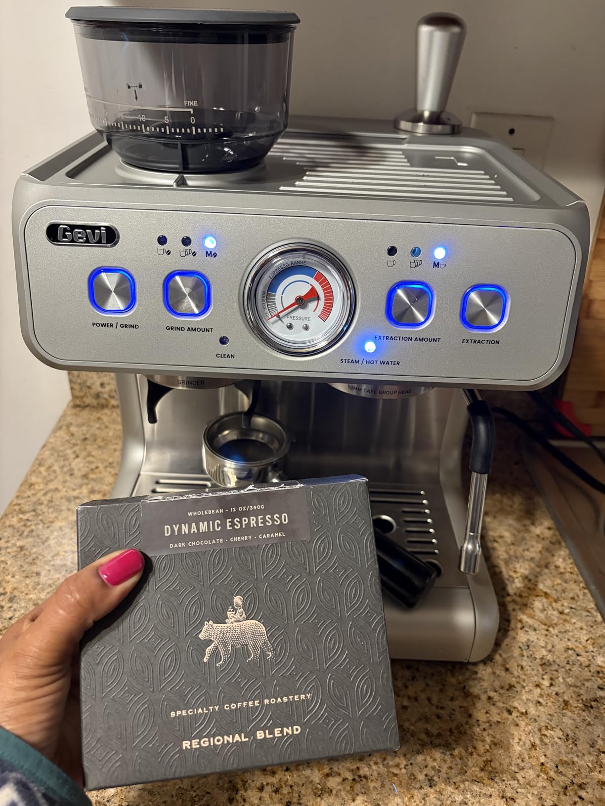 Gevi Dual Boiler Espresso Machine with Built-in Grinder, 58mm Commercial Portafilter, Barista Steam Wand, 31 Grind Settings, Stainless Steel, for Home Barista Use, Sterling Silver customer photo 1