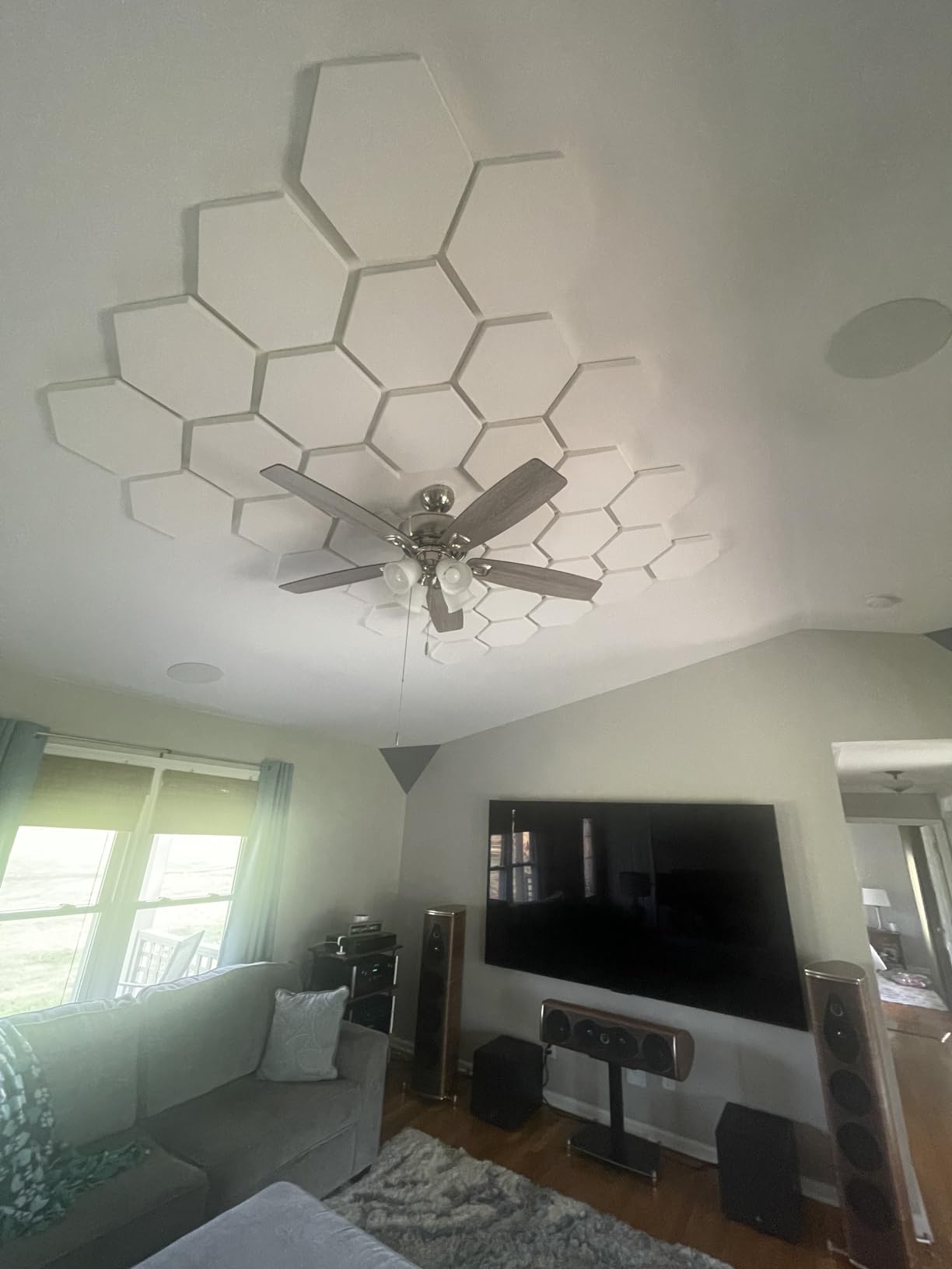 TroyStudio Acoustic Ceiling Panels - 14.2 X 12.4 X 1.2 Inches 4 Pcs Coated Fiberglass Hanging Drop Ceiling Tiles, Thick Sound Absorbing Wall Board for Office, Home Theater, Music Recording Studio customer photo 1