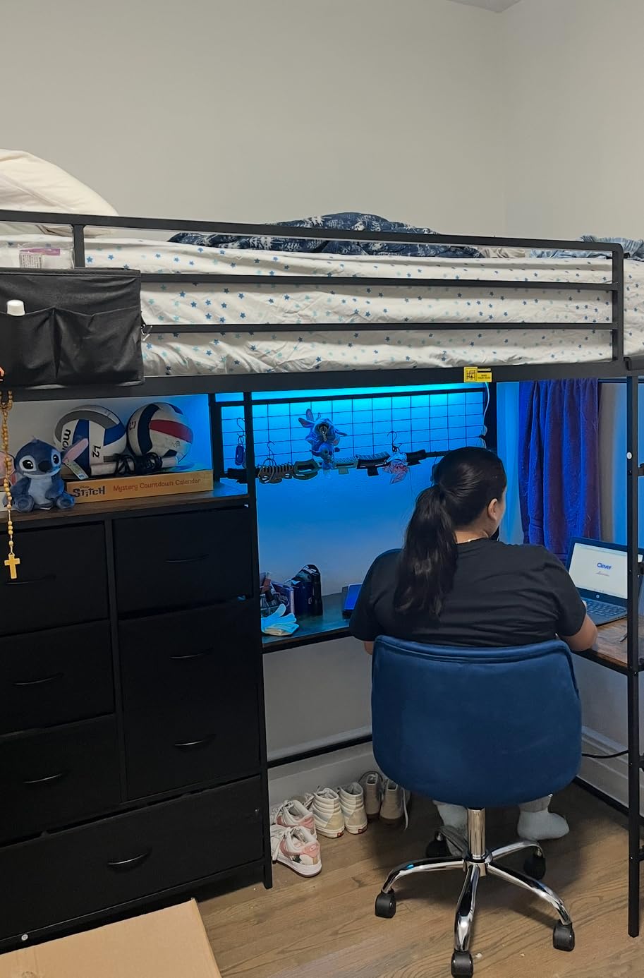 DICTAC Full Loft Bed with L-Shaped Desk and 7 Storage Drawers,Metal Full Size Loft Bed for Teen with LED Lights and Charging Station,13.11