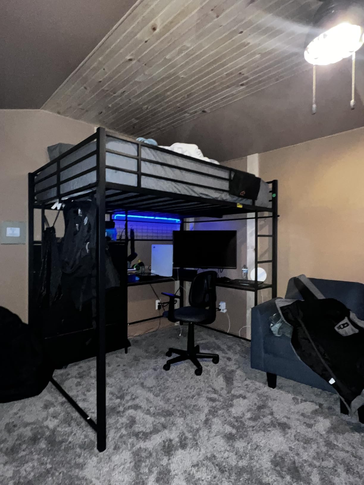 DICTAC Full Loft Bed with L-Shaped Desk and 7 Storage Drawers,Metal Full Size Loft Bed for Teen with LED Lights and Charging Station,13.11